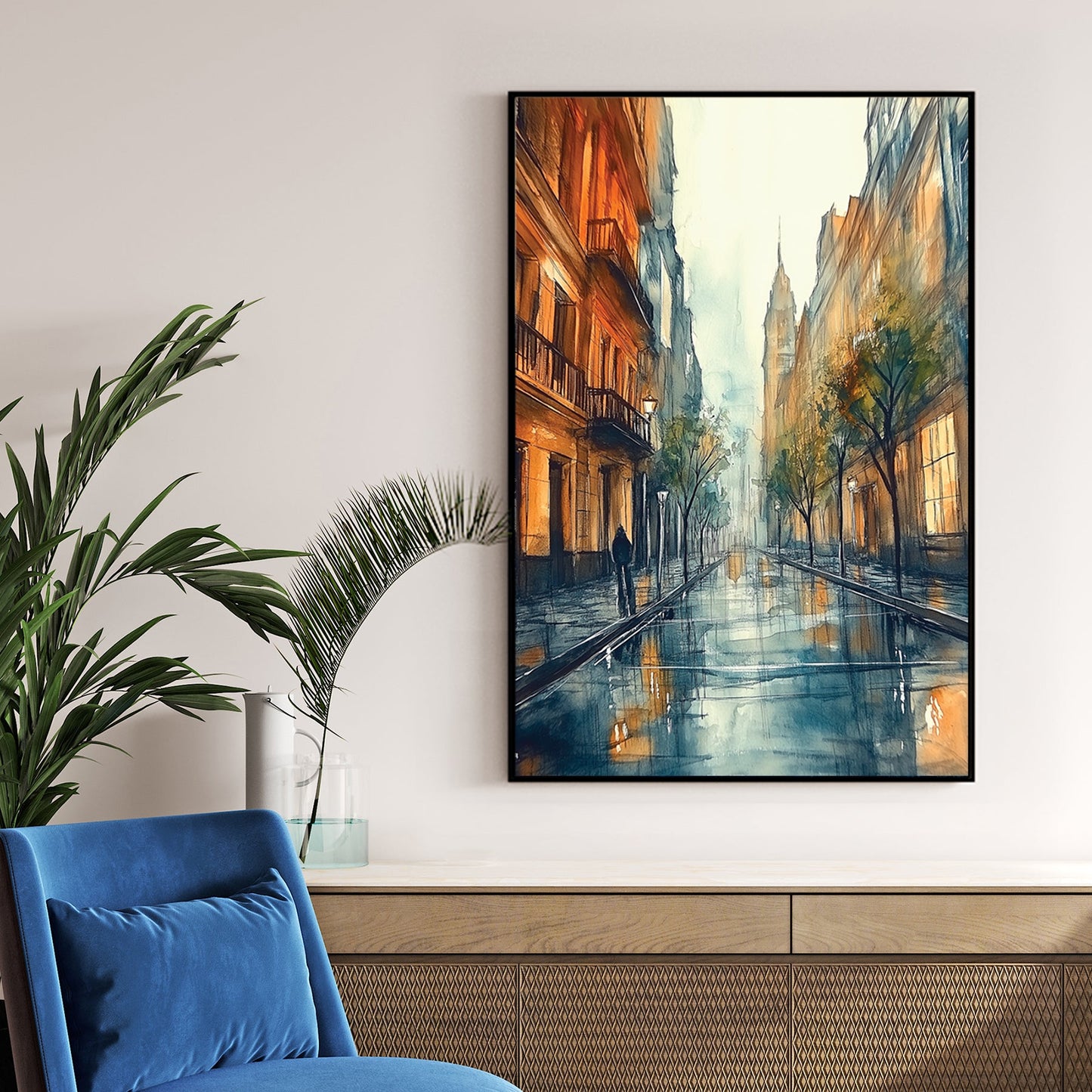 rainy European city street wall art with glowing lights and misty reflections