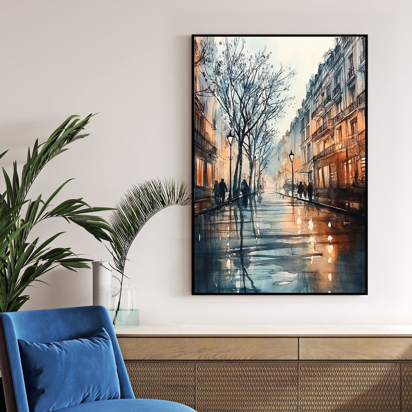 European street at dusk with warm lights and reflections wall art
