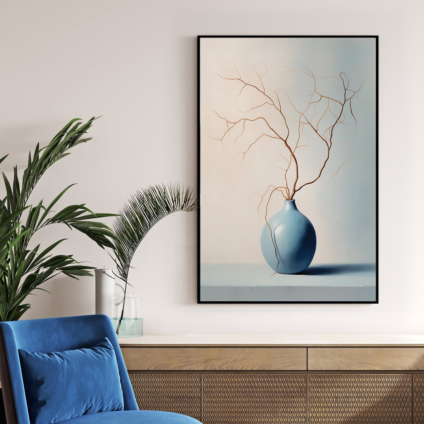 Minimalist blue vase with bare branches wall art