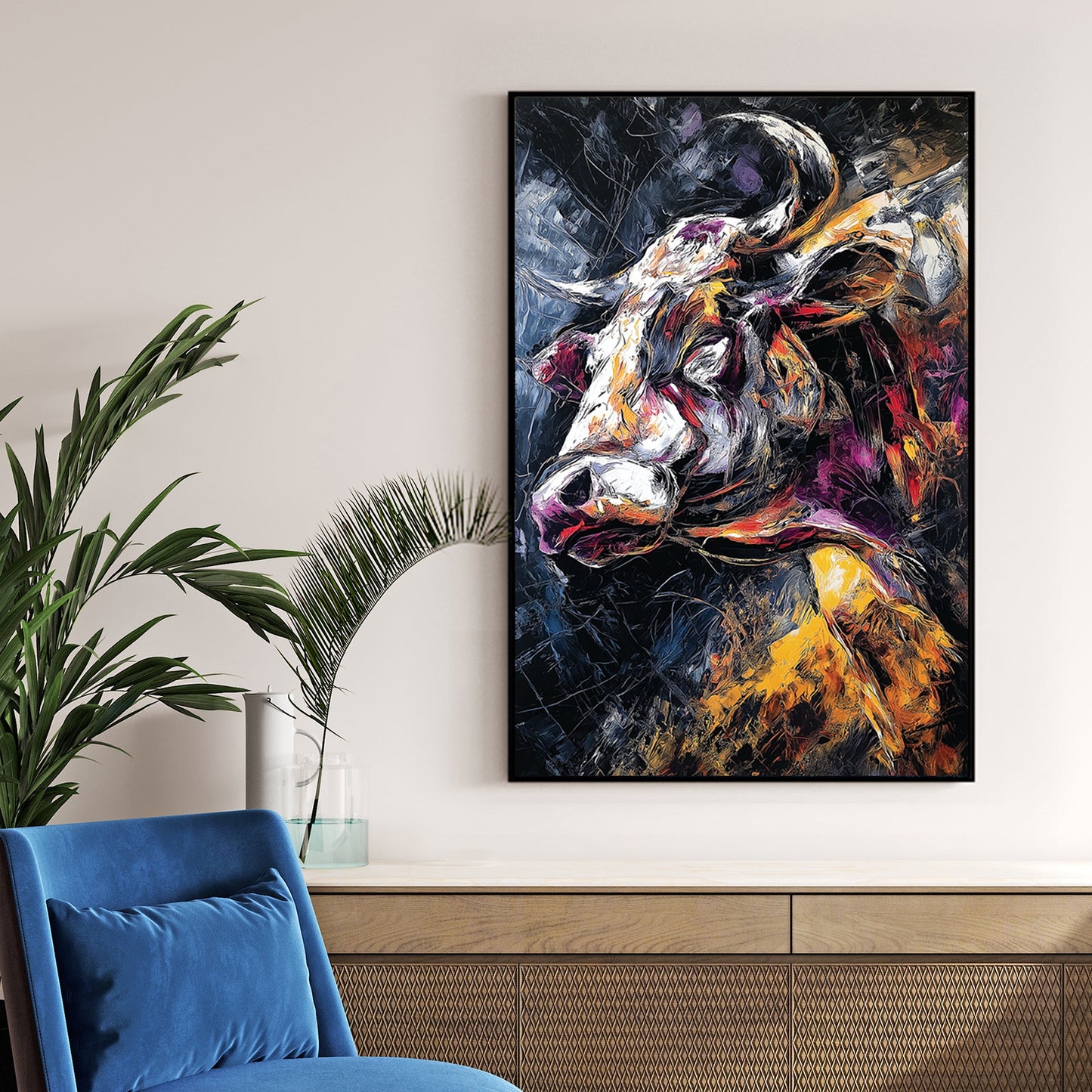 Expressionist bull portrait wall art with fiery colours