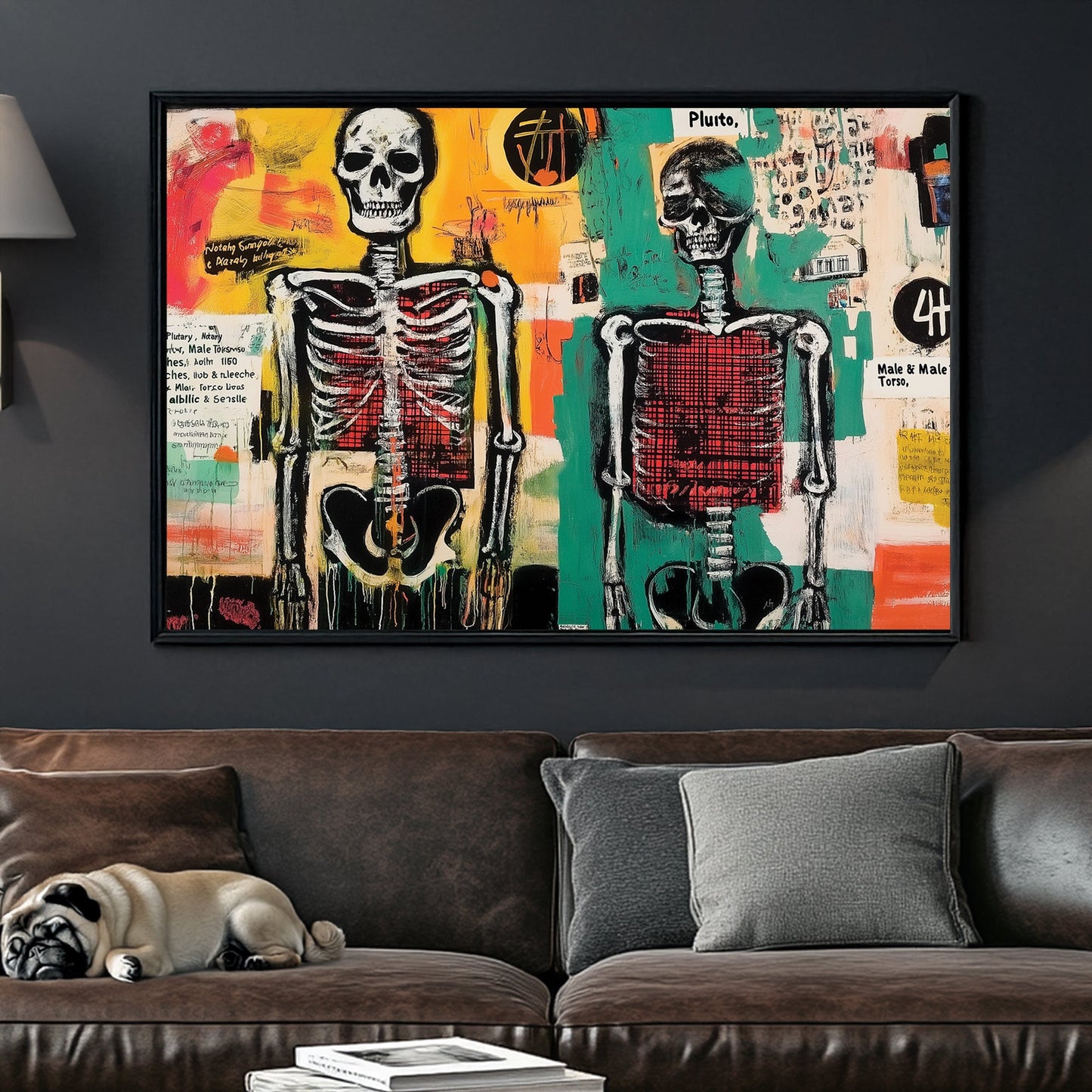 Graffiti wall art featuring skeletons and chaotic text layers