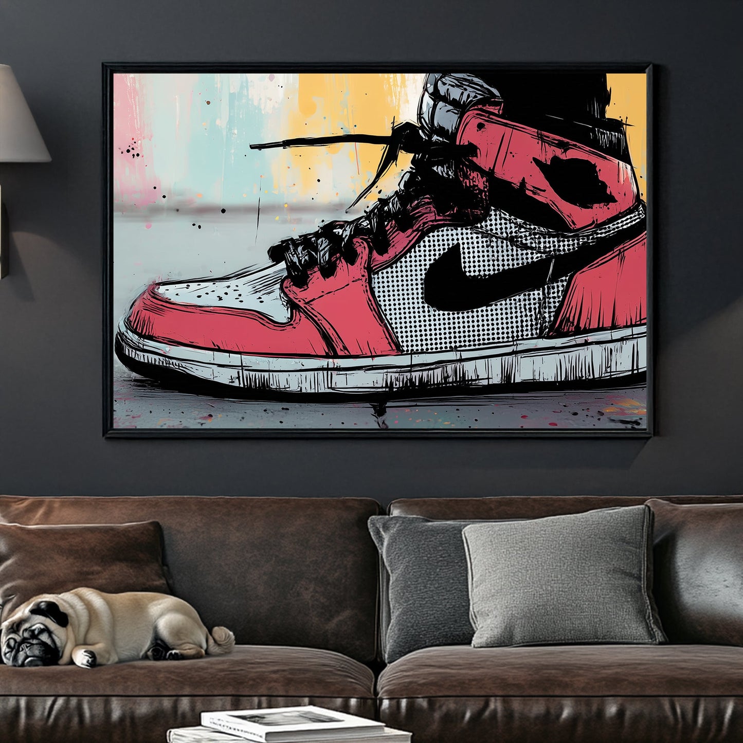 Pop art Air Jordan sneaker wall art featuring a red and black high-top shoe with graffiti accents
