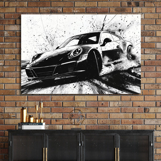 Black and white Porsche drifting wall art with ink splash style