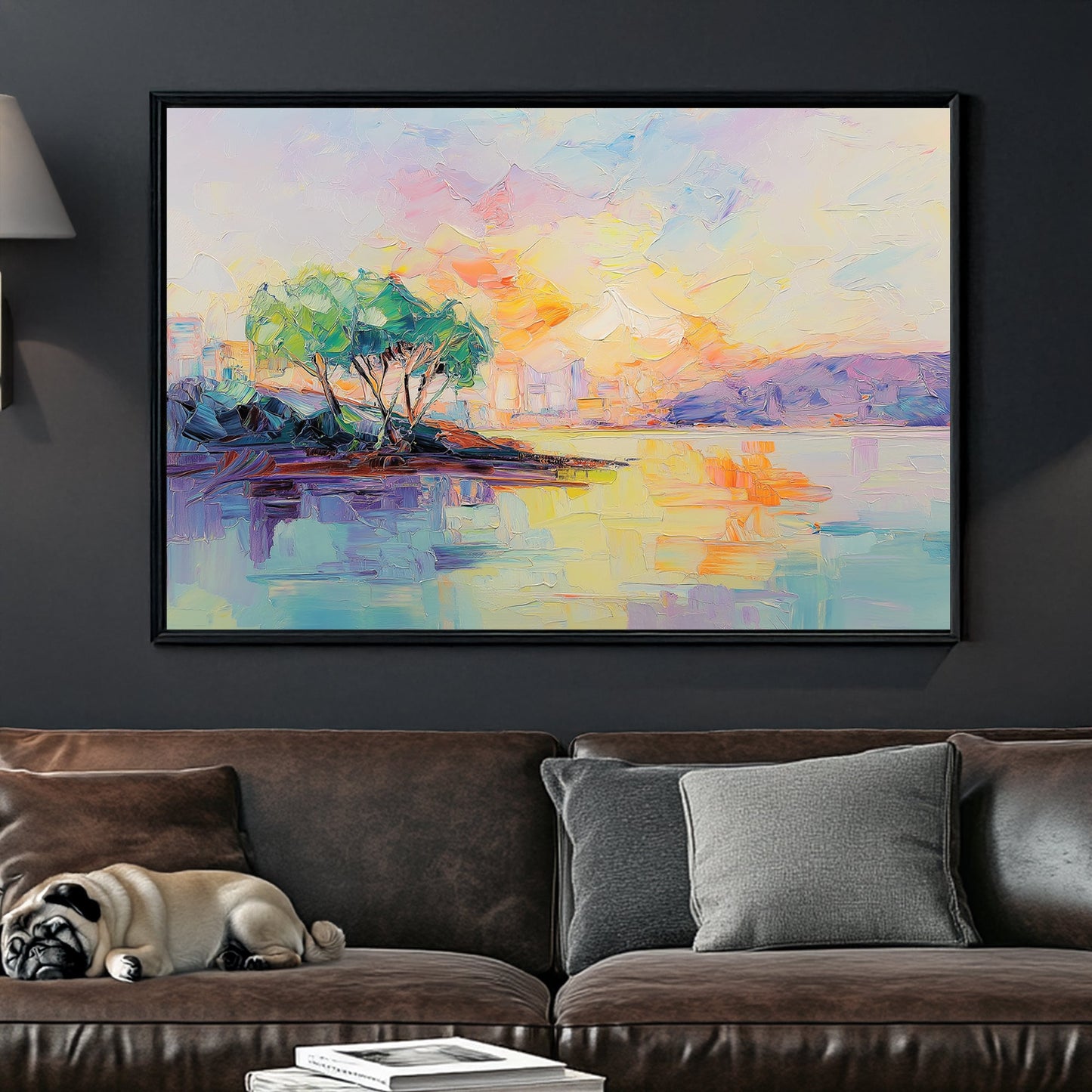 Impressionist pastel sunset over water with trees and colourful sky