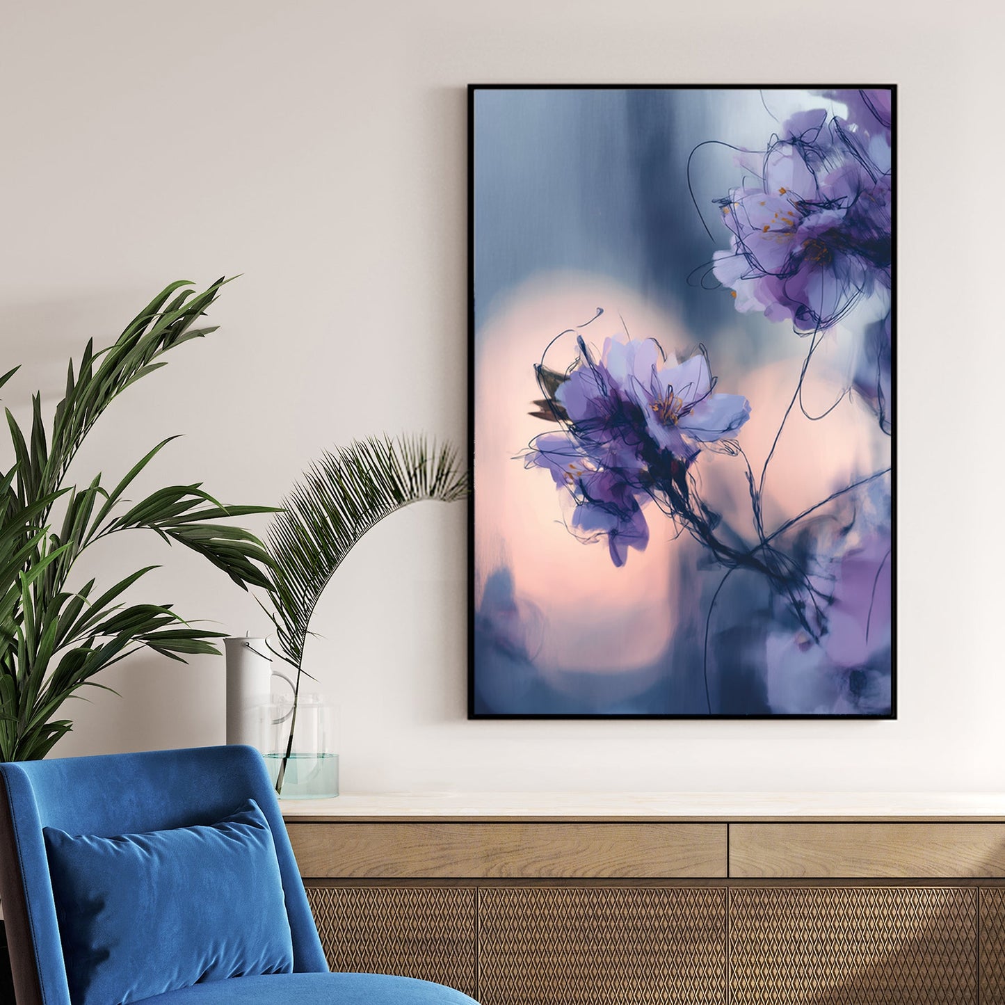 Soft-focus purple flowers with inky outlines on a muted twilight background