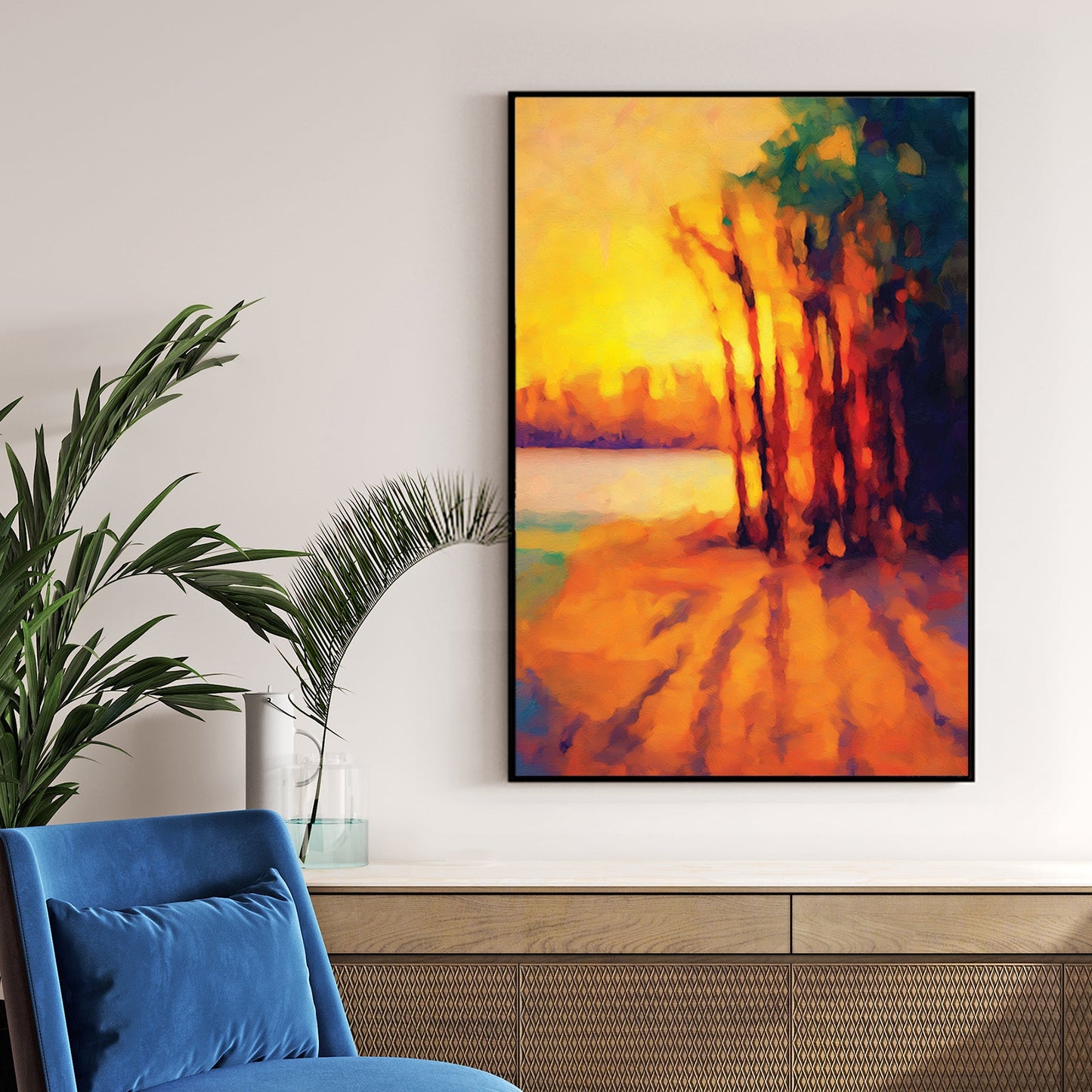 Impressionist sunset painting with vivid orange shadows and tall trees by water