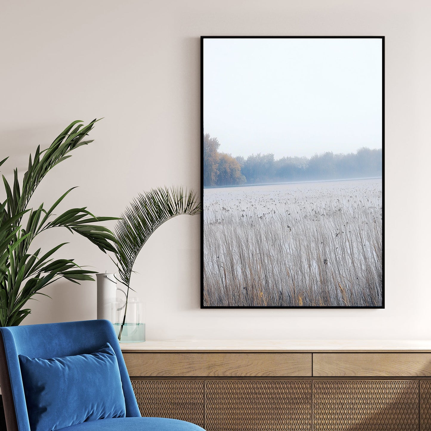 foggy winter field with dry reeds and tree line in minimal wall art style