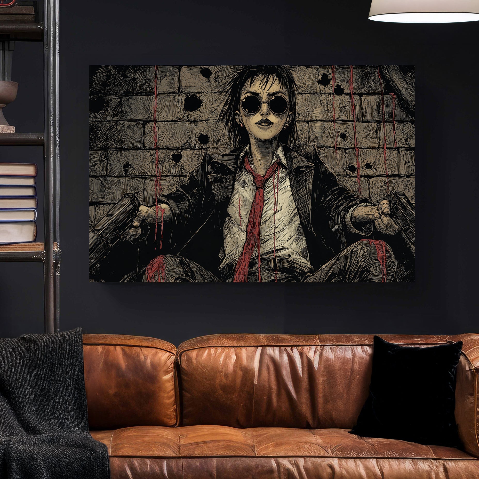 edgy illustrated wall art of defiant woman in bloodied suit with two pistols