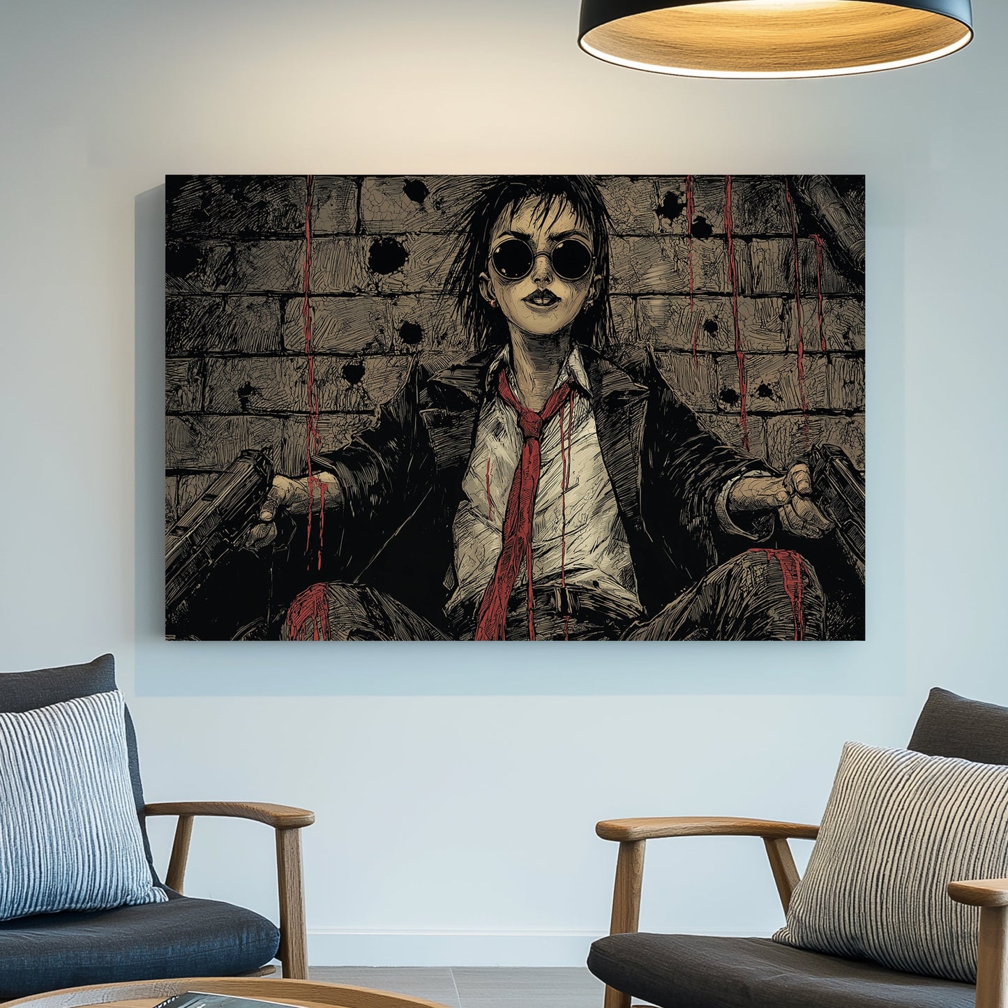 edgy illustrated wall art of defiant woman in bloodied suit with two pistols