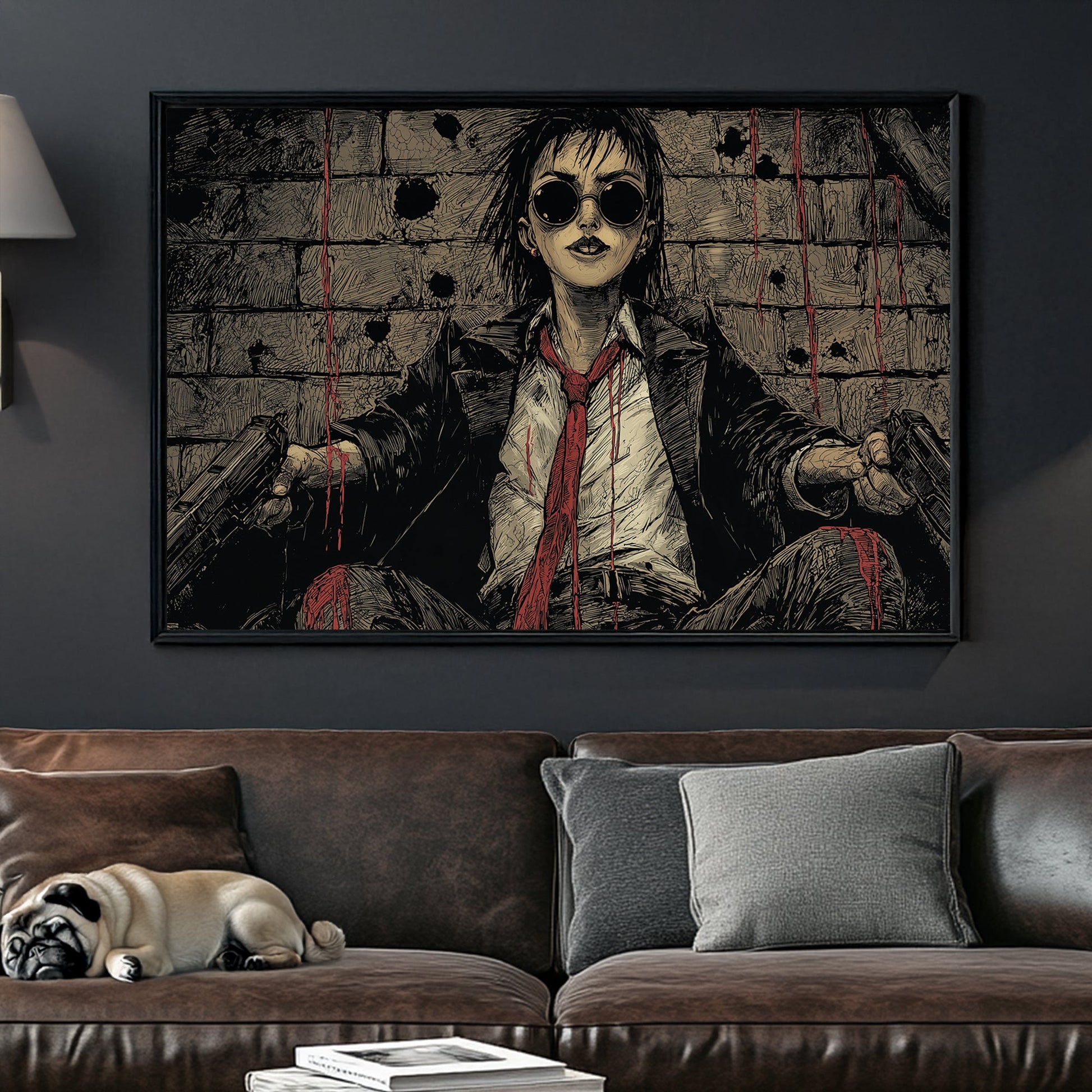 edgy illustrated wall art of defiant woman in bloodied suit with two pistols