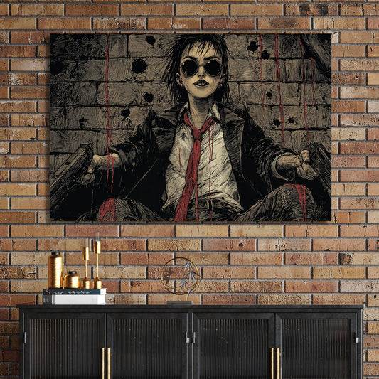 edgy illustrated wall art of defiant woman in bloodied suit with two pistols