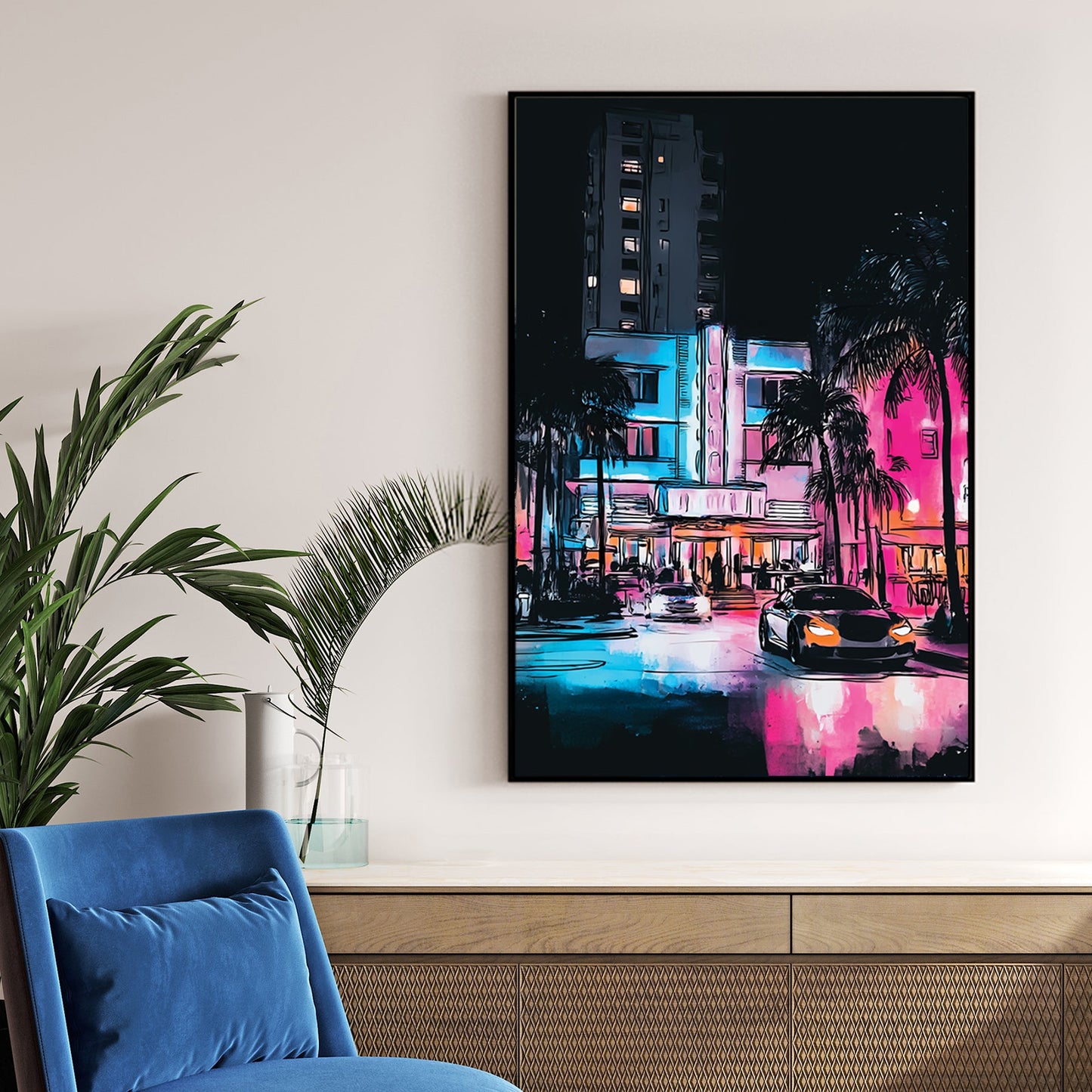 neon miami street scene wall art with palm trees, sports cars, and nightlife glow