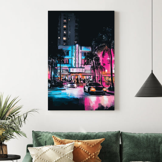 neon miami street scene wall art with palm trees, sports cars, and nightlife glow