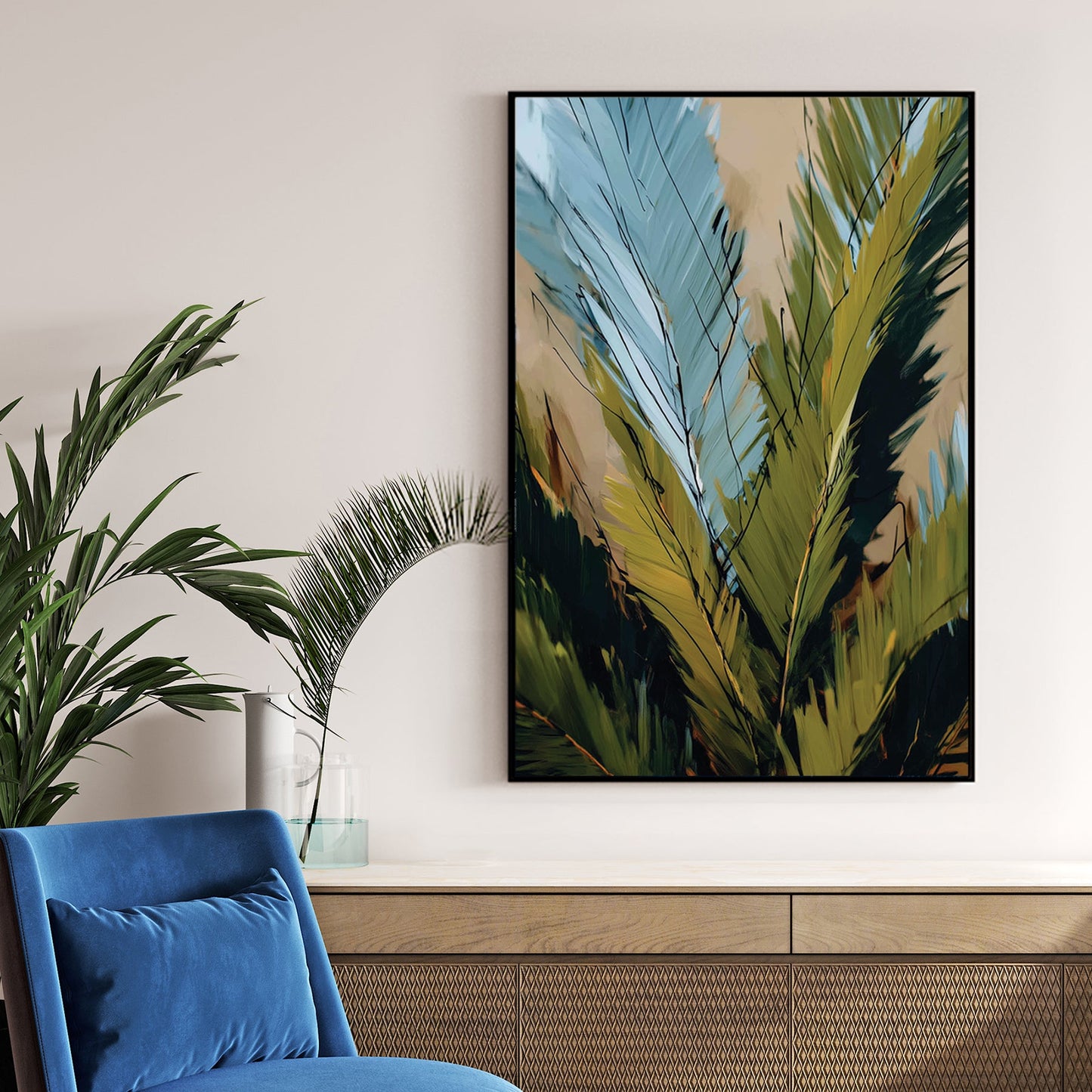 abstract tropical leaves wall art with green and blue brush strokes