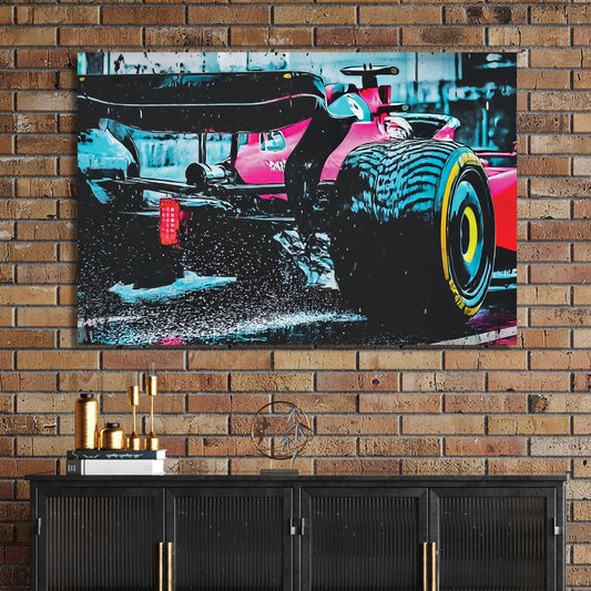 ferrari f1 race car wall art speeding in the rain with water spray and reflections