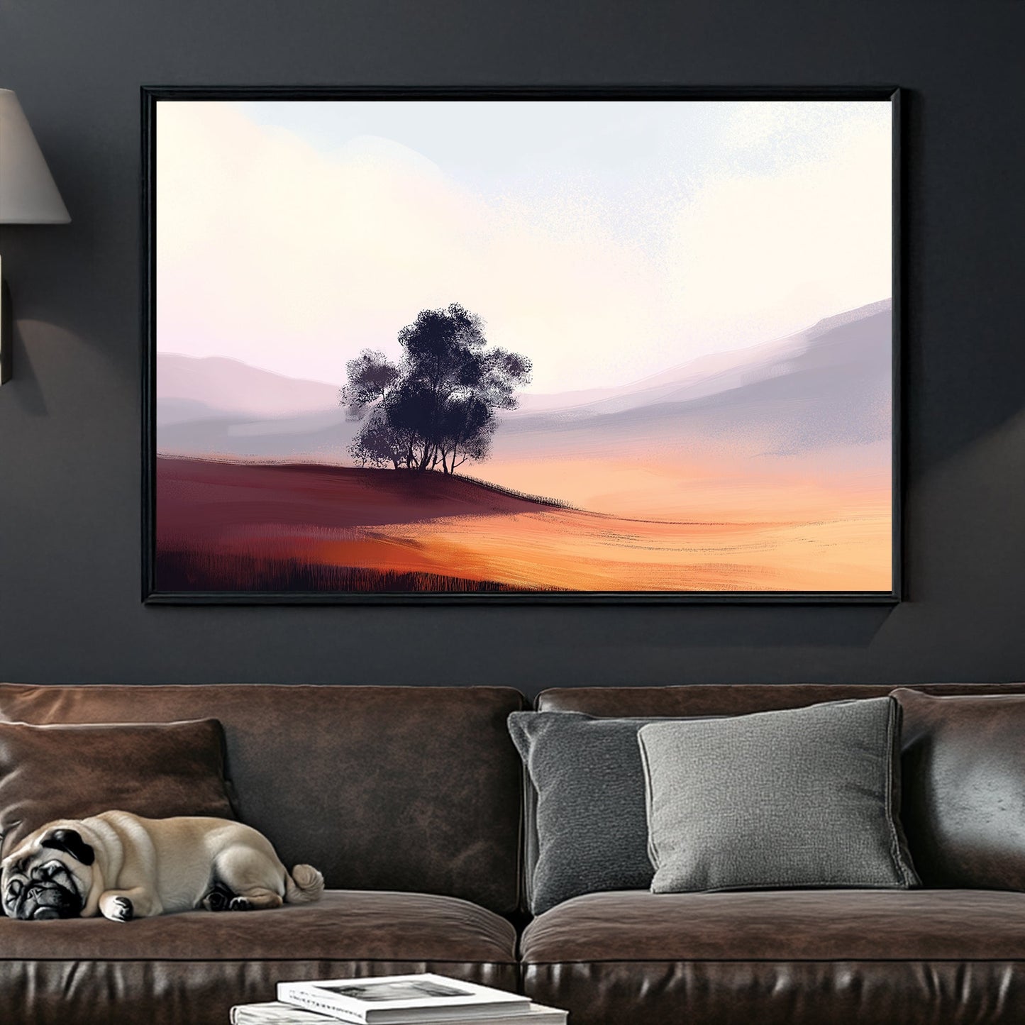 minimal landscape wall art with trees and soft sunset hills