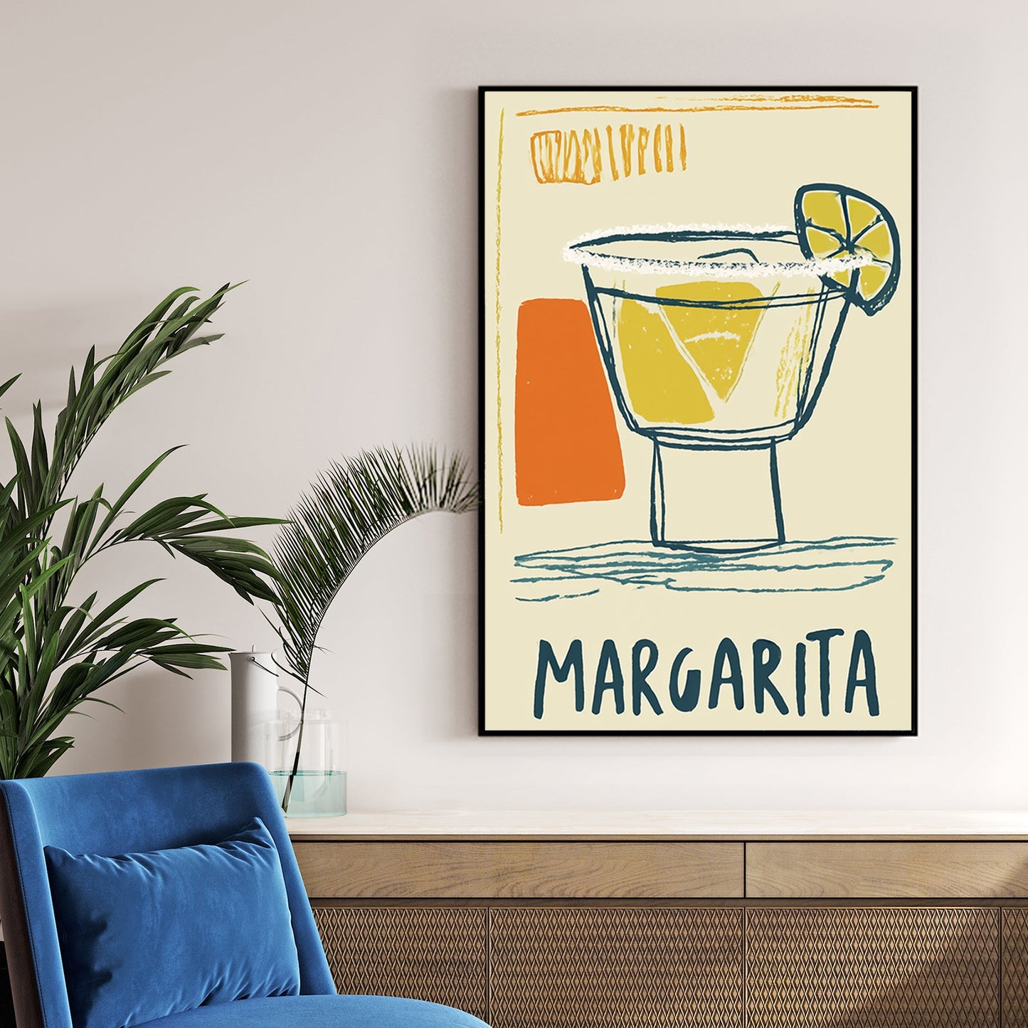 retro margarita cocktail wall art with lime wedge and bold sketch style