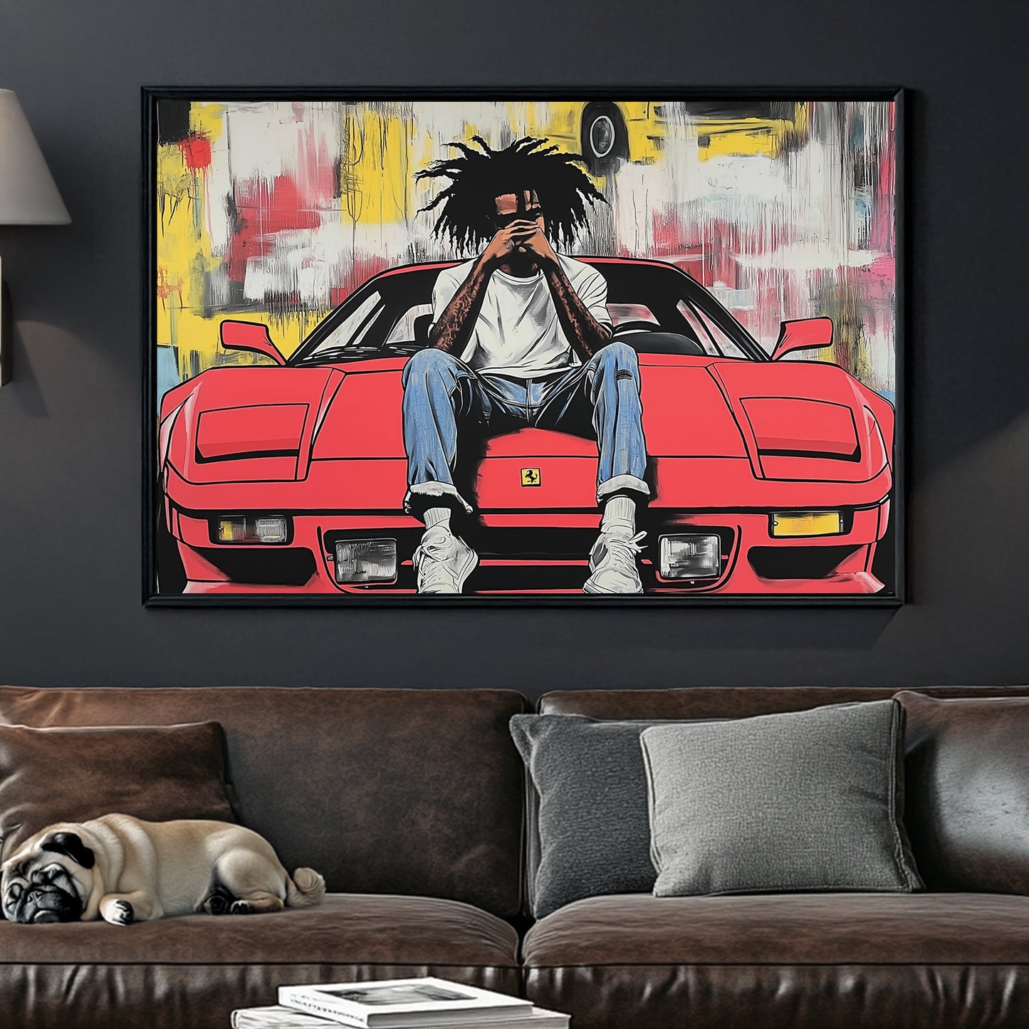 urban pop art of man on red Ferrari with graffiti background