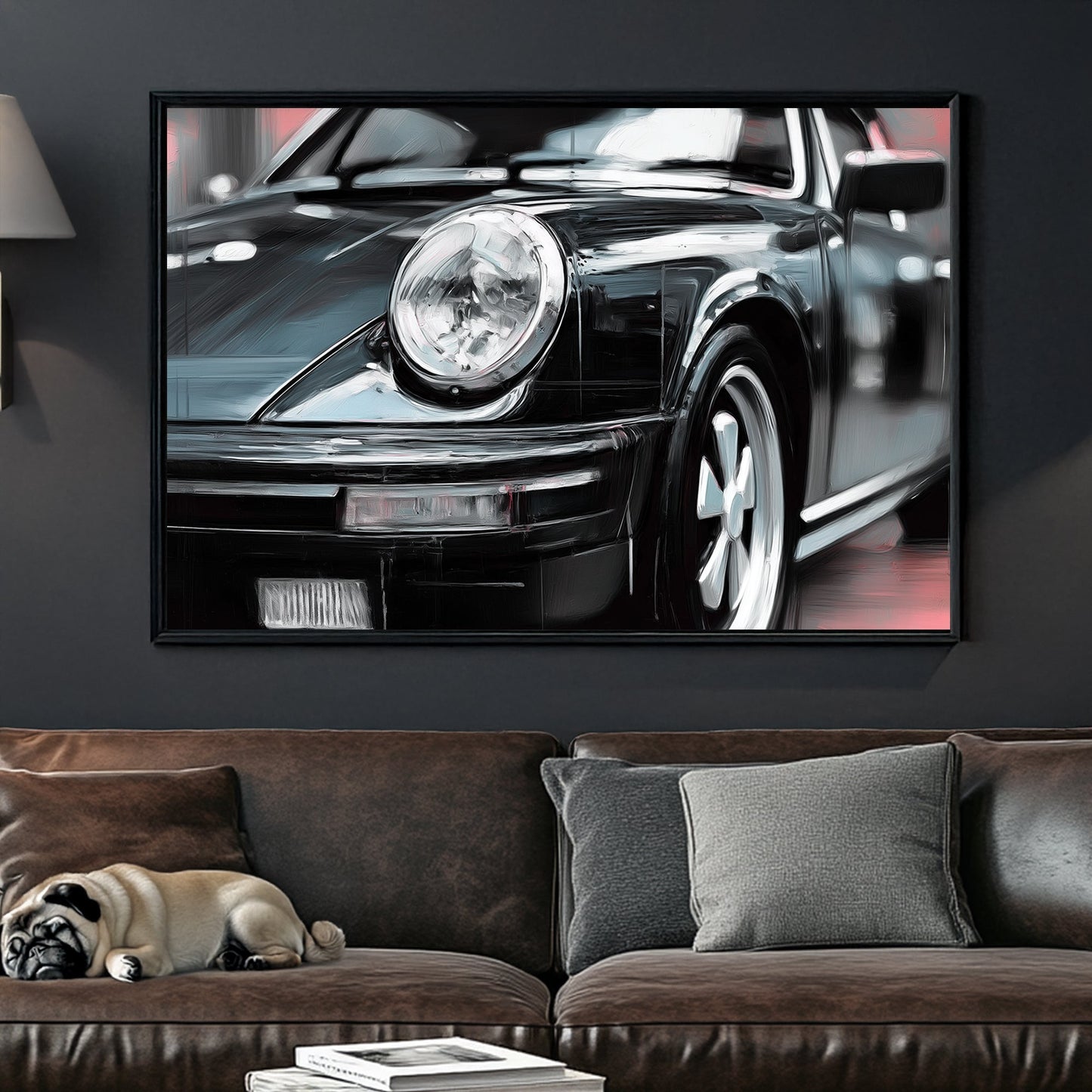 vintage black Porsche oil painting close-up