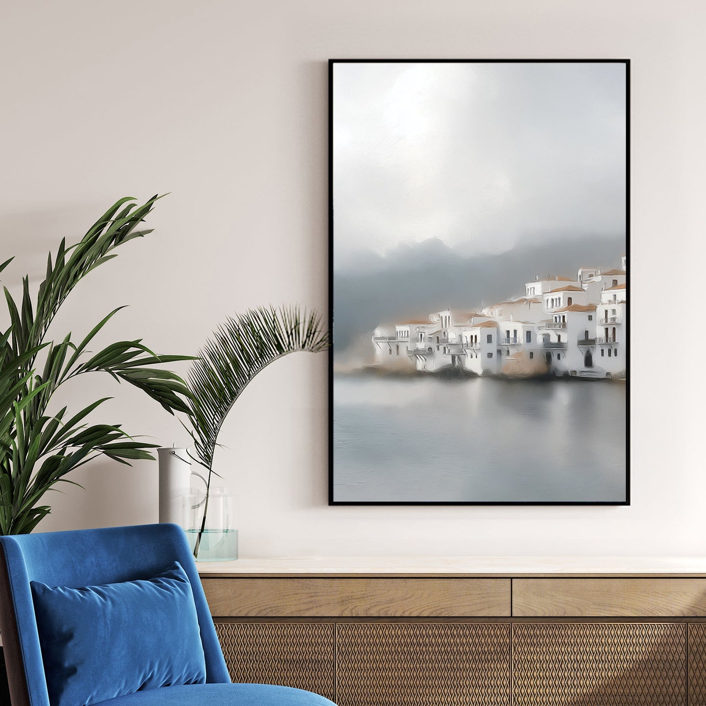 misty seaside village painting with white buildings and terracotta roofs