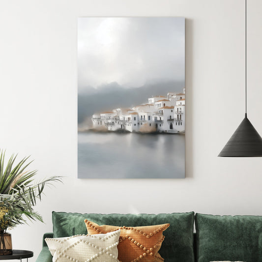 misty seaside village painting with white buildings and terracotta roofs