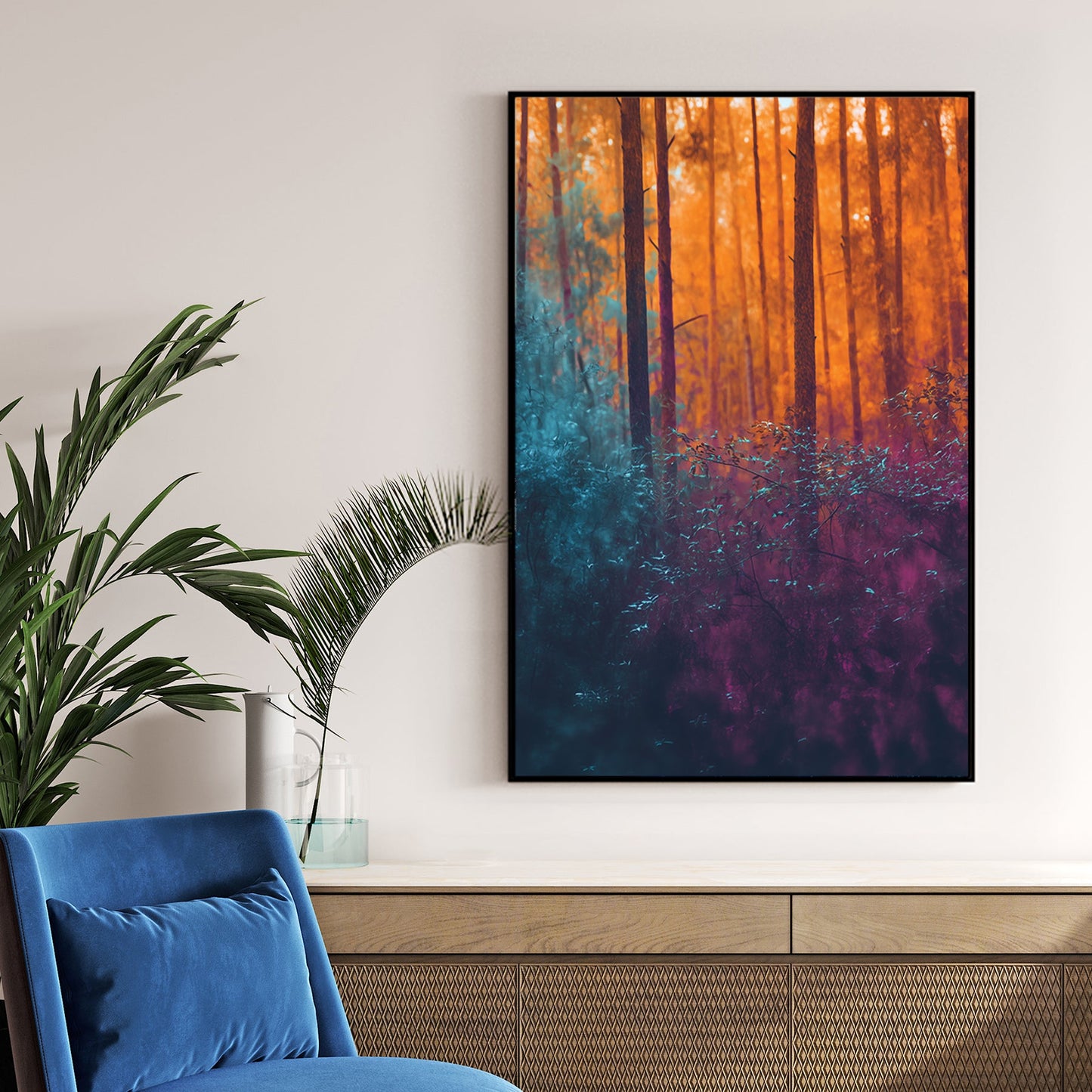 abstract forest scene with orange, teal, and violet tones