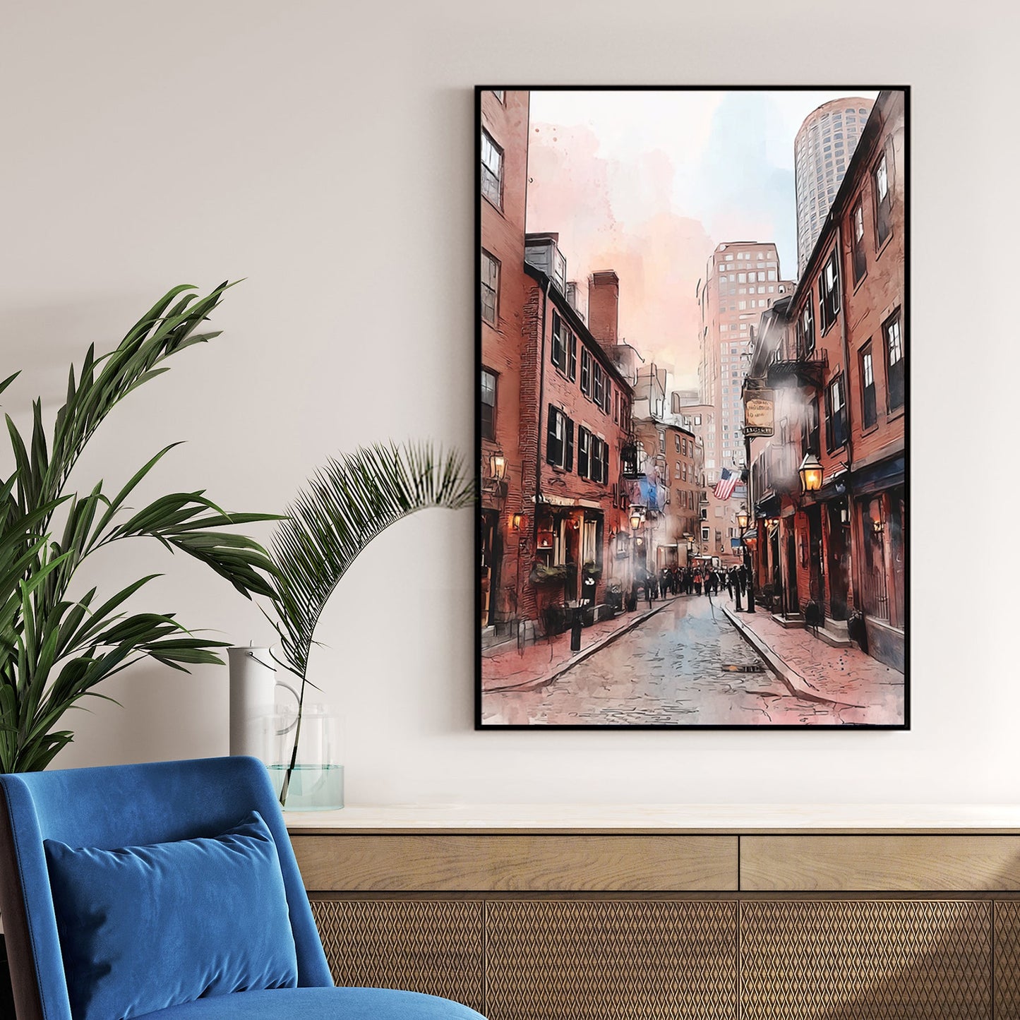 watercolour street scene of Hanover Street Boston with brick buildings and soft pastel sky