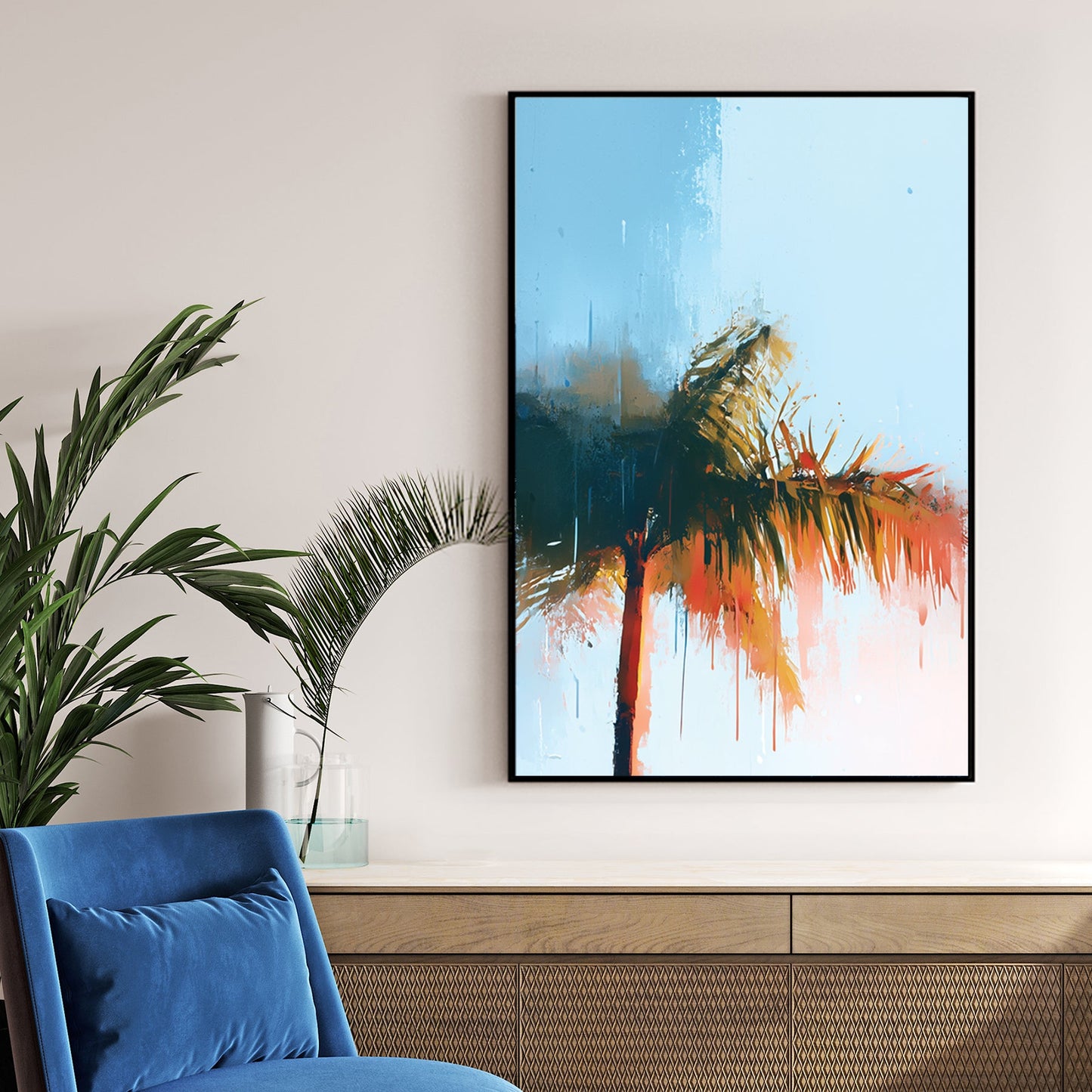 abstract palm tree with blue sky and sunlit brushstrokes in tropical tones