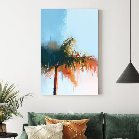 abstract palm tree with blue sky and sunlit brushstrokes in tropical tones