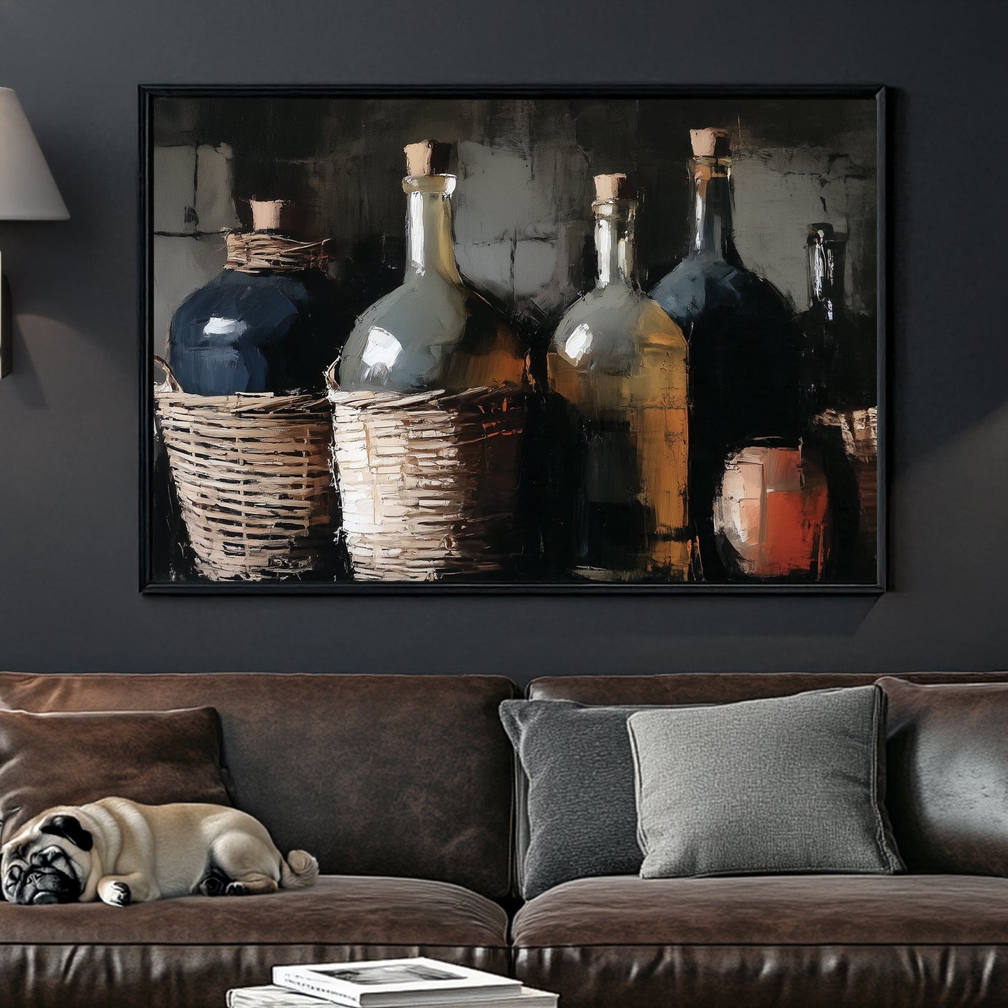 still life painting of wicker-wrapped wine bottles and clay jug in rustic setting