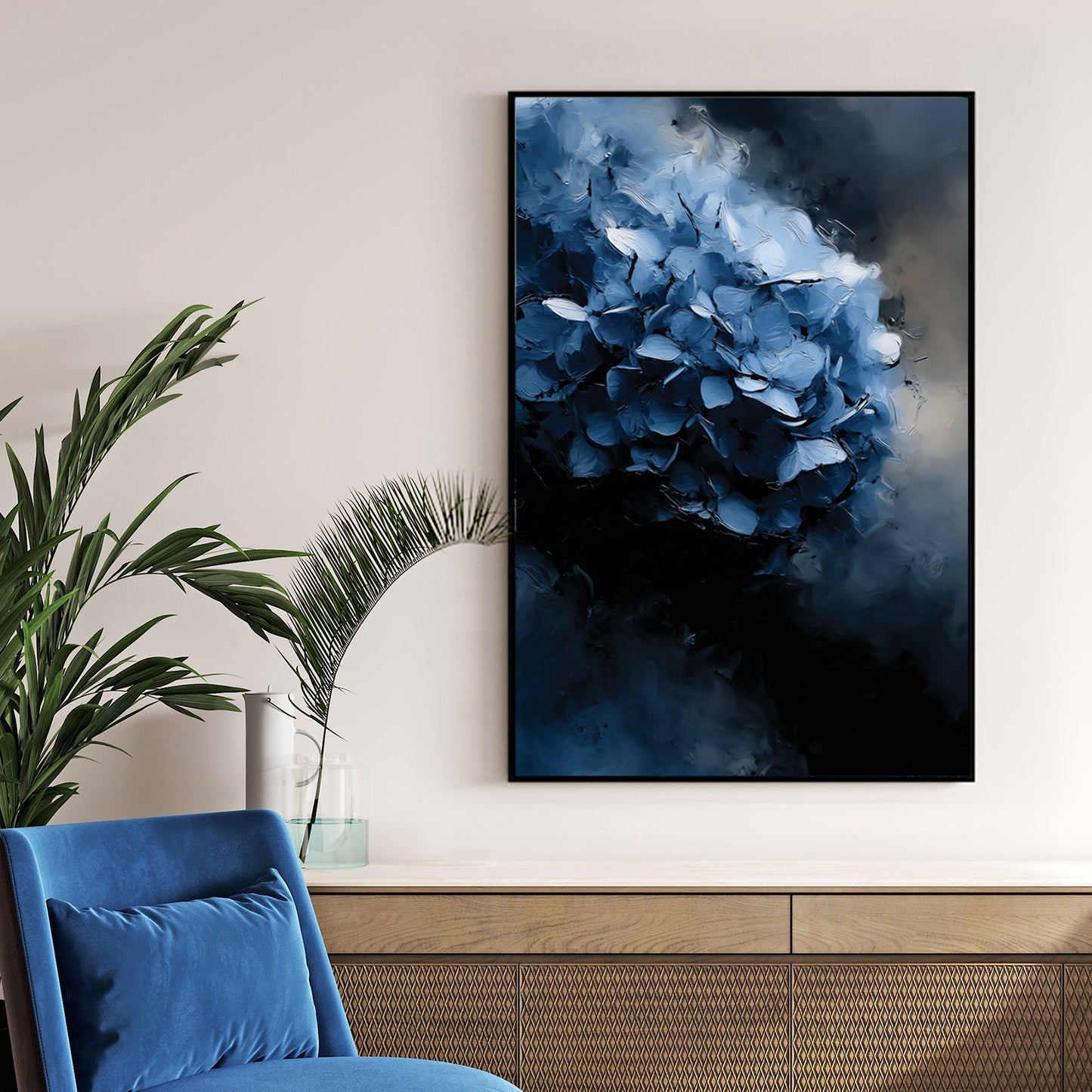 abstract oil painting of dark blue hydrangea flower on moody background