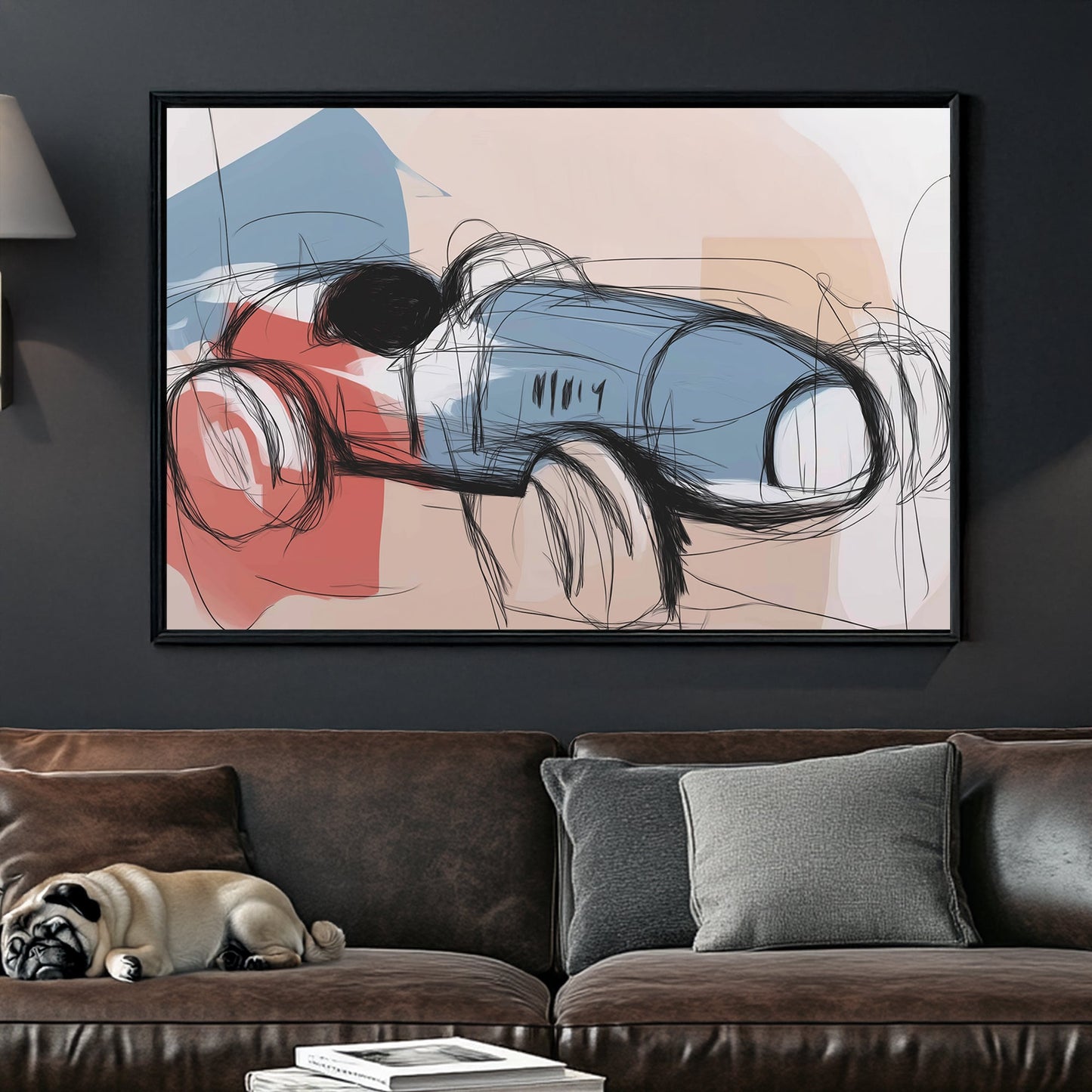 abstract sketch of a vintage blue and red race car on soft beige background