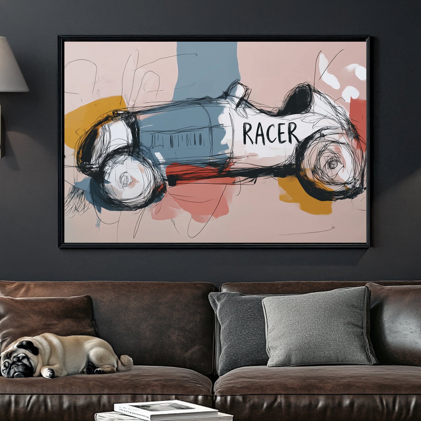 minimal abstract sketch of a vintage race car with the word "RACER" on its side