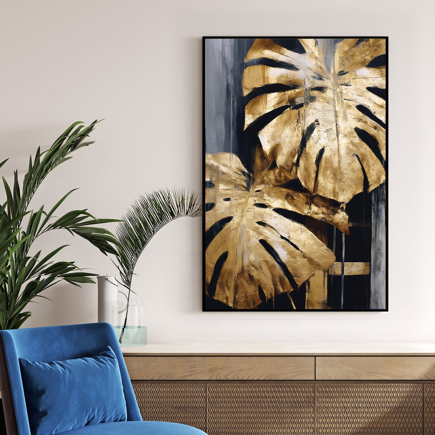 abstract gold monstera leaf painting on black and grey background
