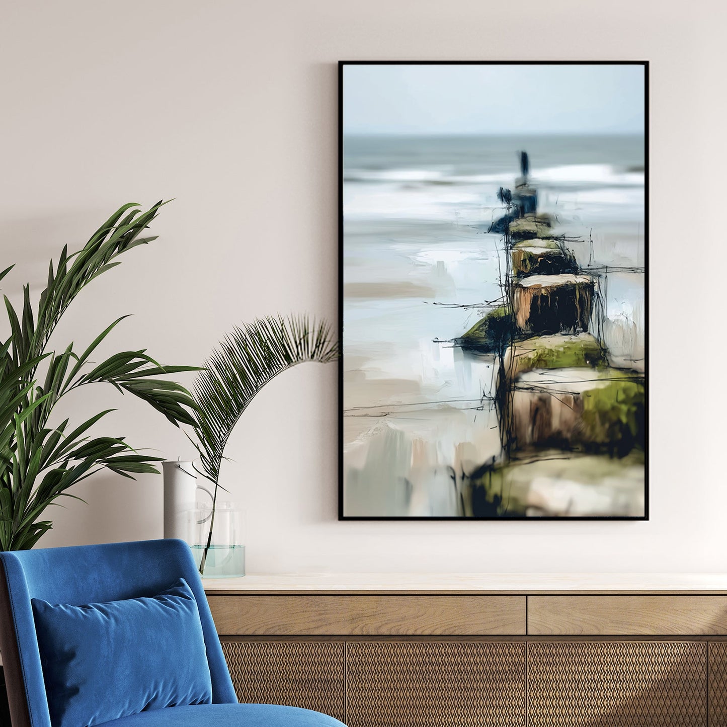 abstract coastal painting with wooden posts leading into the ocean