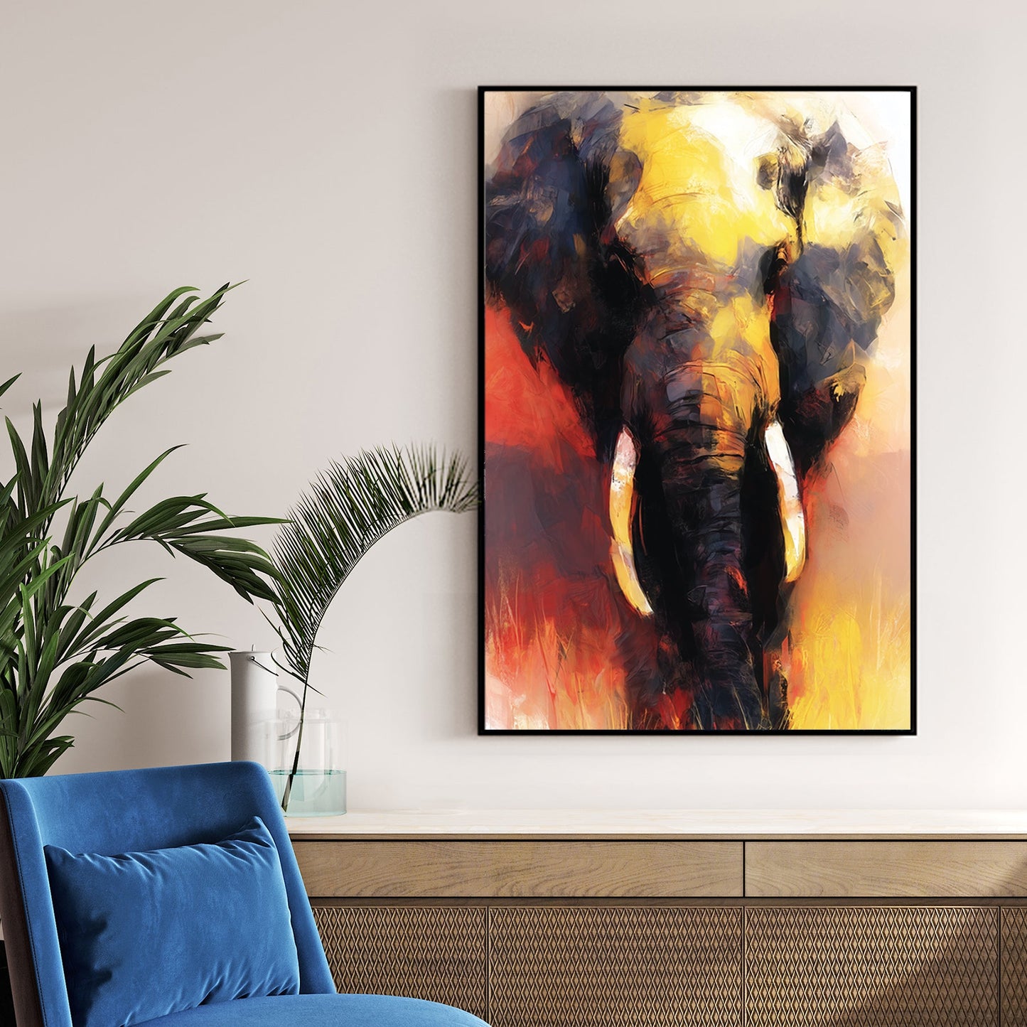 vibrant elephant painting in gold and red tones with expressive brushstrokes