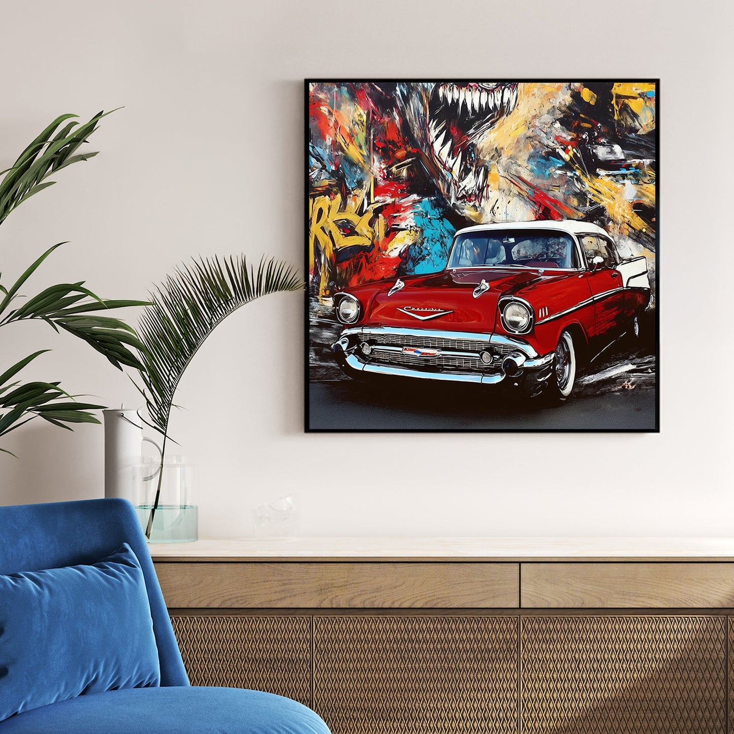 red vintage chevy in front of colourful graffiti mural with roaring creature