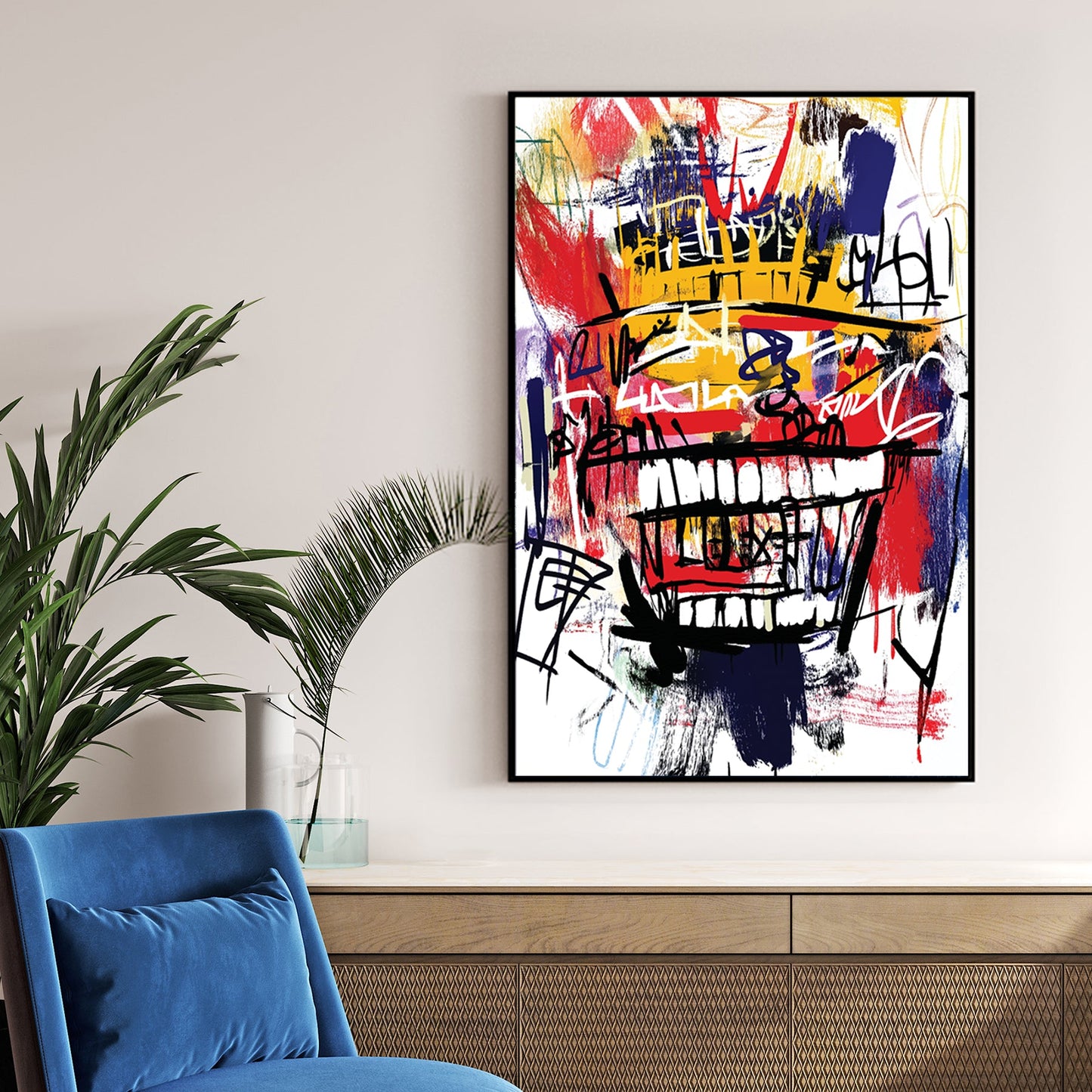 graffiti style abstract face with crown and large grin in basquiat art style