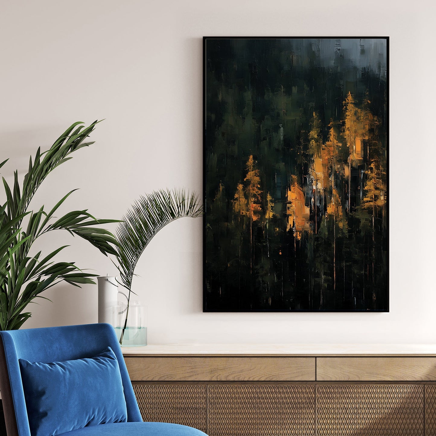 dark abstract forest with golden light filtering through trees in painterly style