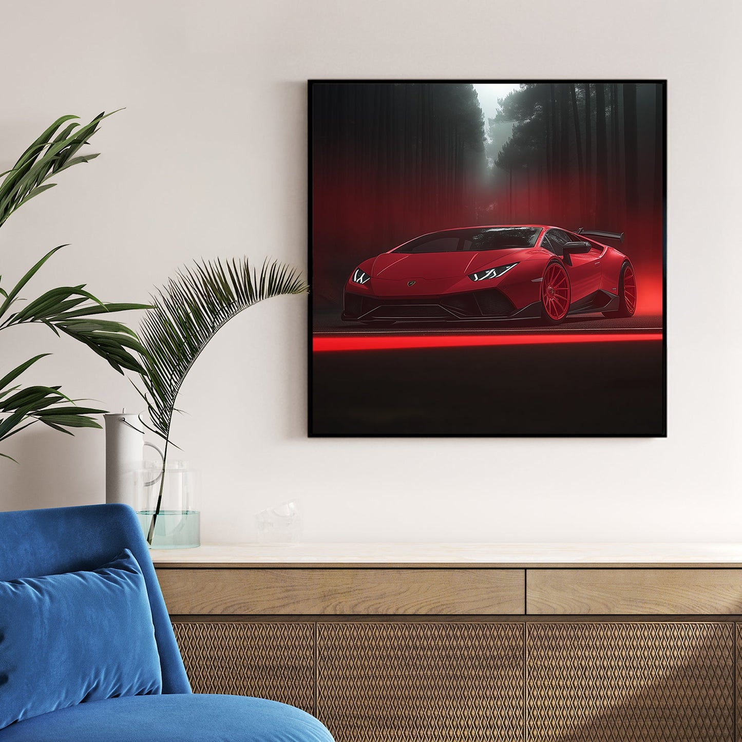 red Lamborghini Huracán in dark misty forest with glowing red light and fog
