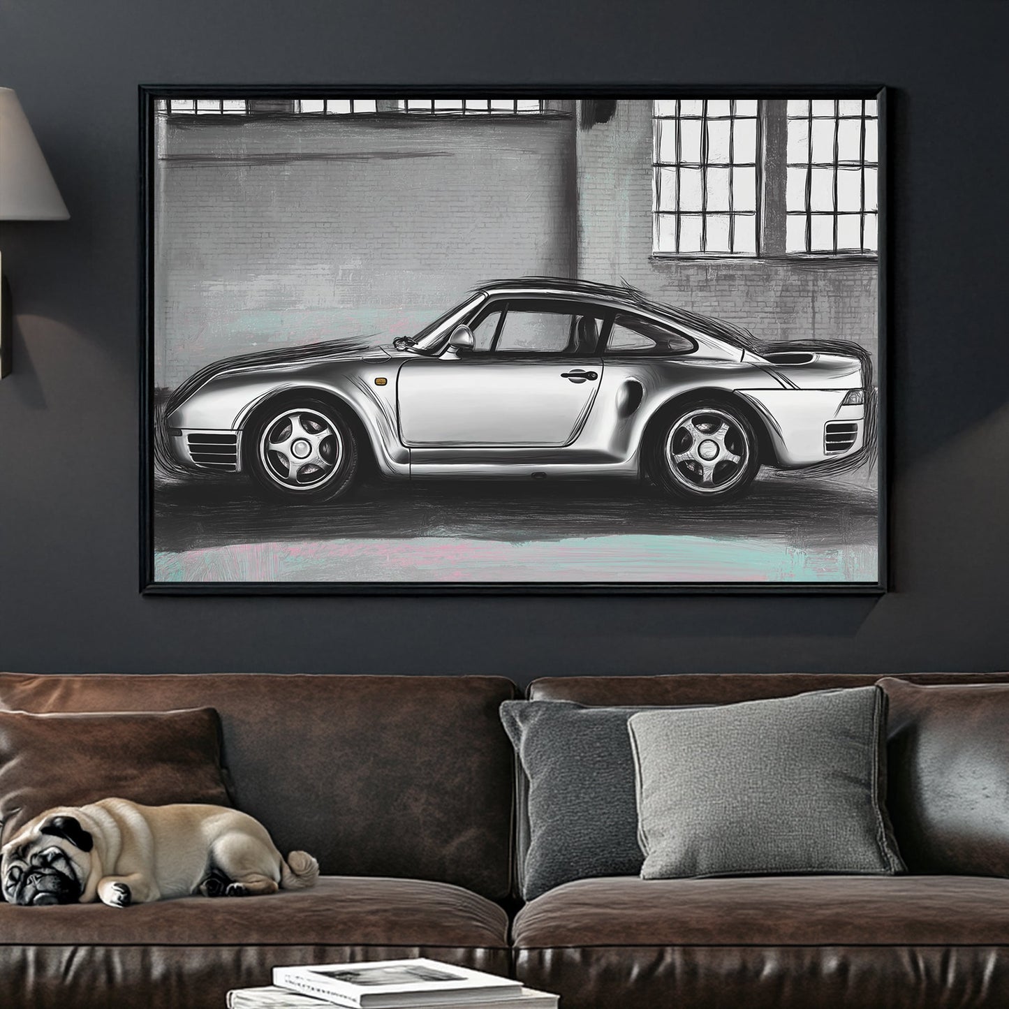 porsche 959 digital sketch side profile grey background