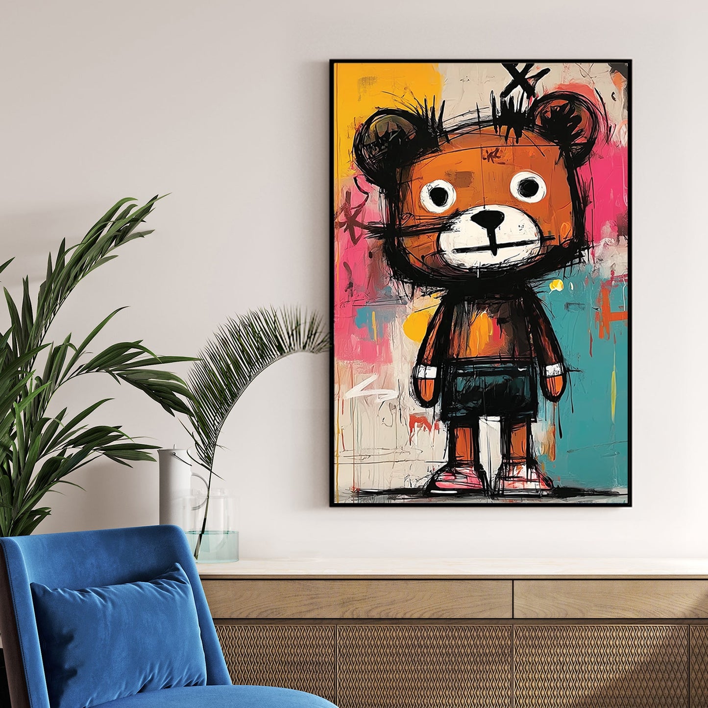 basquiat style cartoon bear graffiti painting on colourful wall