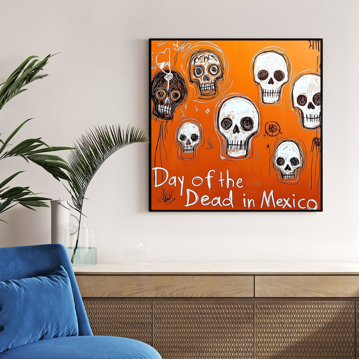 day of the dead skull graffiti art on orange background