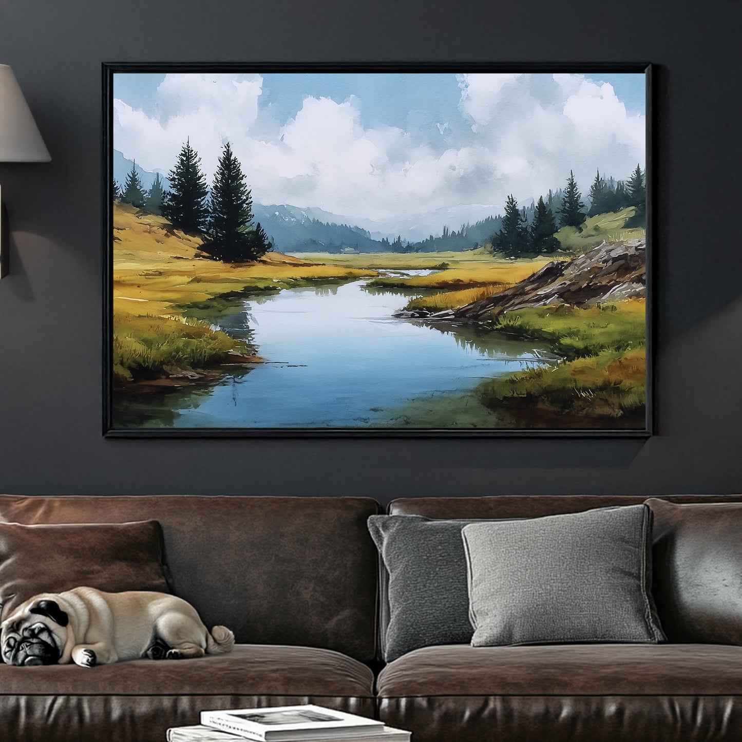 watercolour mountain landscape with river and pine trees