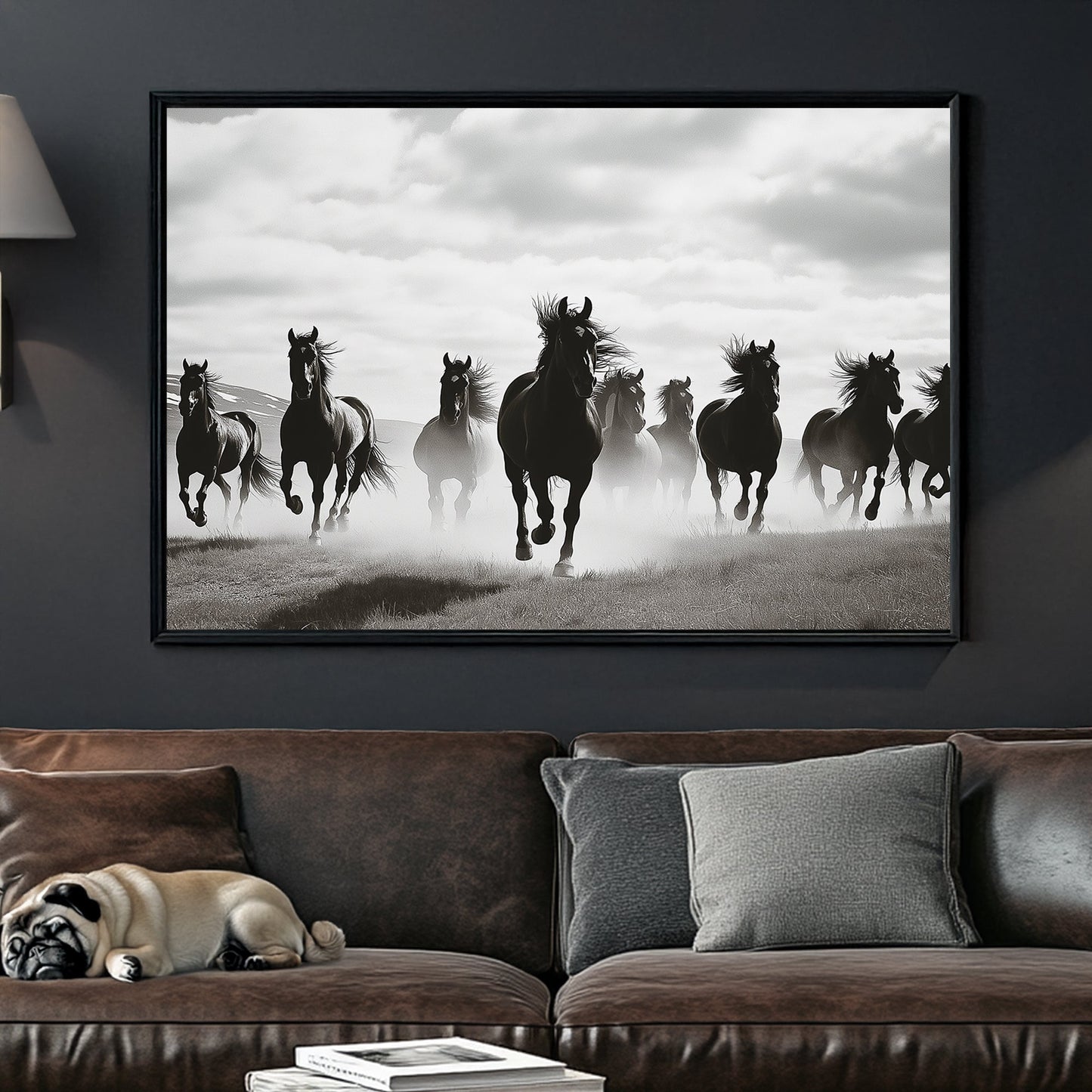 black and white wall art of wild horses running in mist