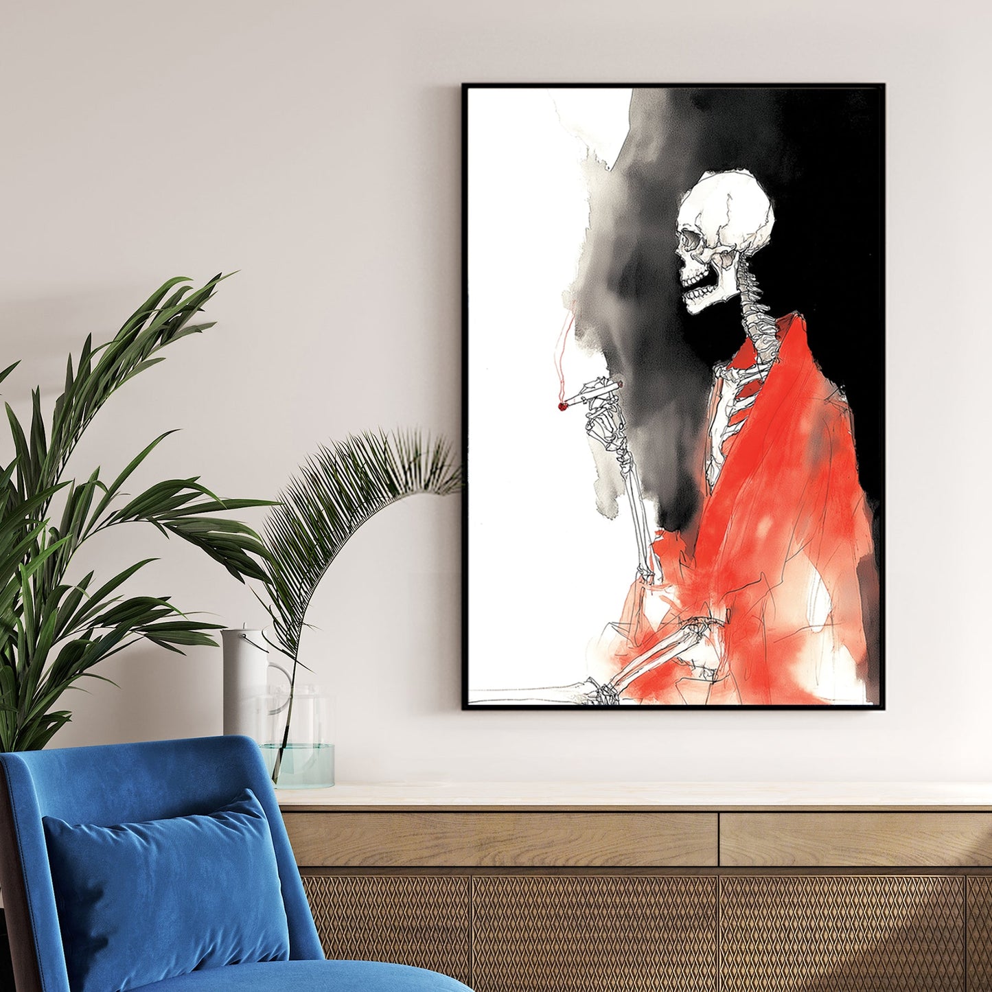 sketch art of skeleton smoking in red robe