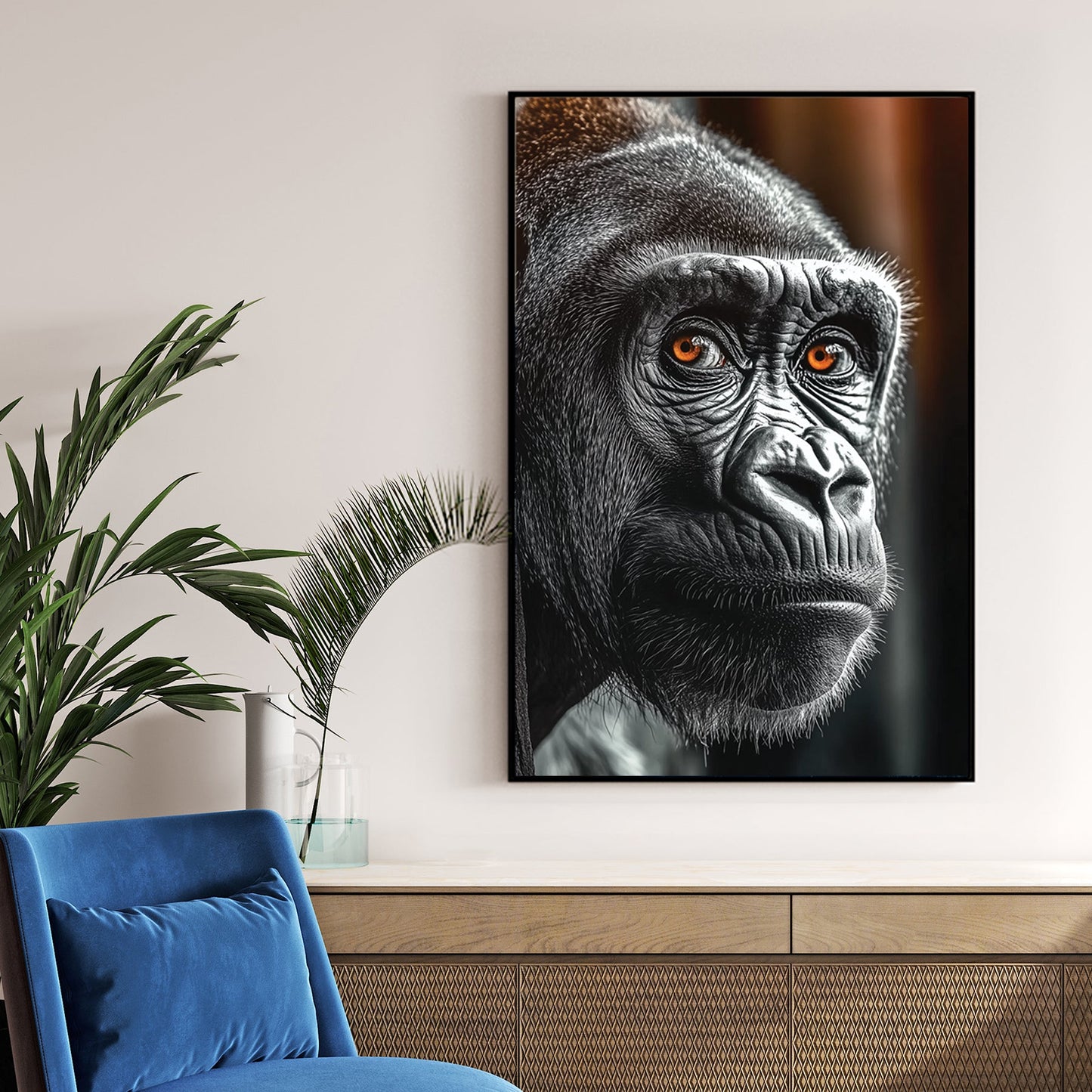 black and white gorilla wall art with orange eyes close-up