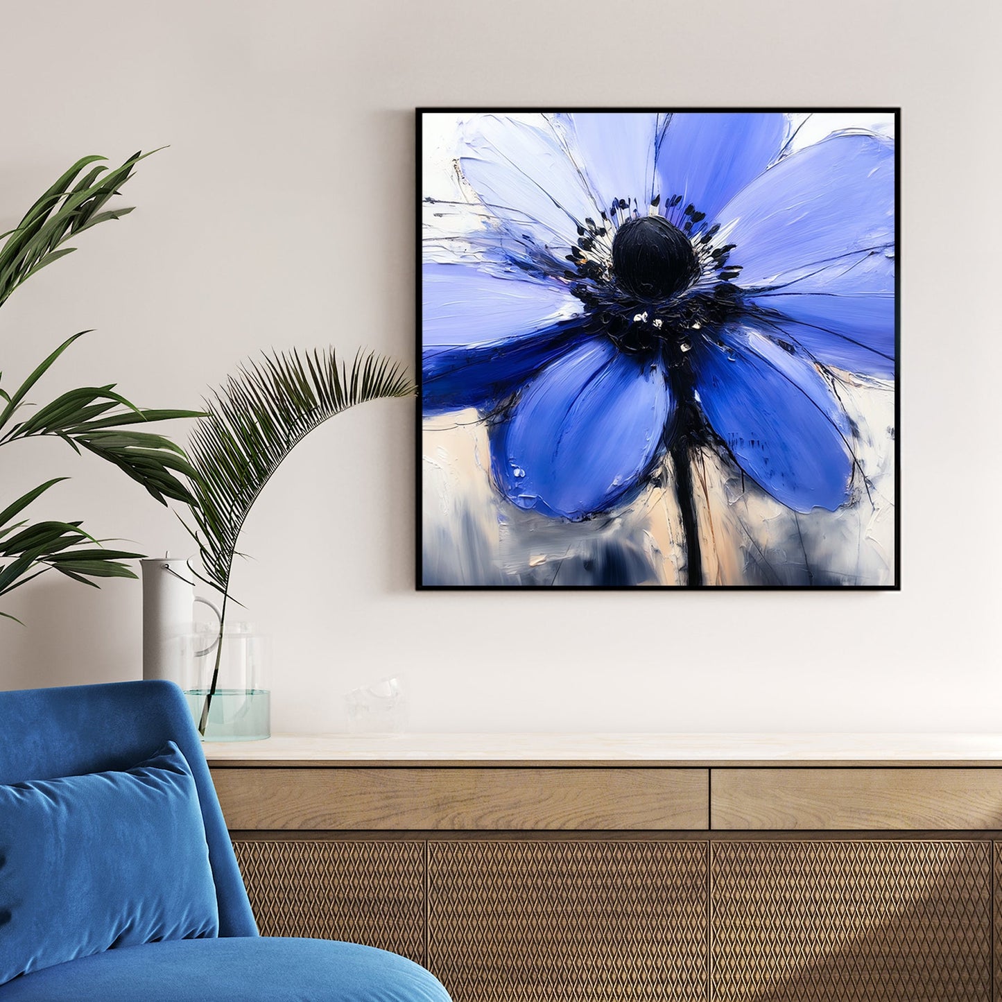 textured blue flower wall art with palette knife effect