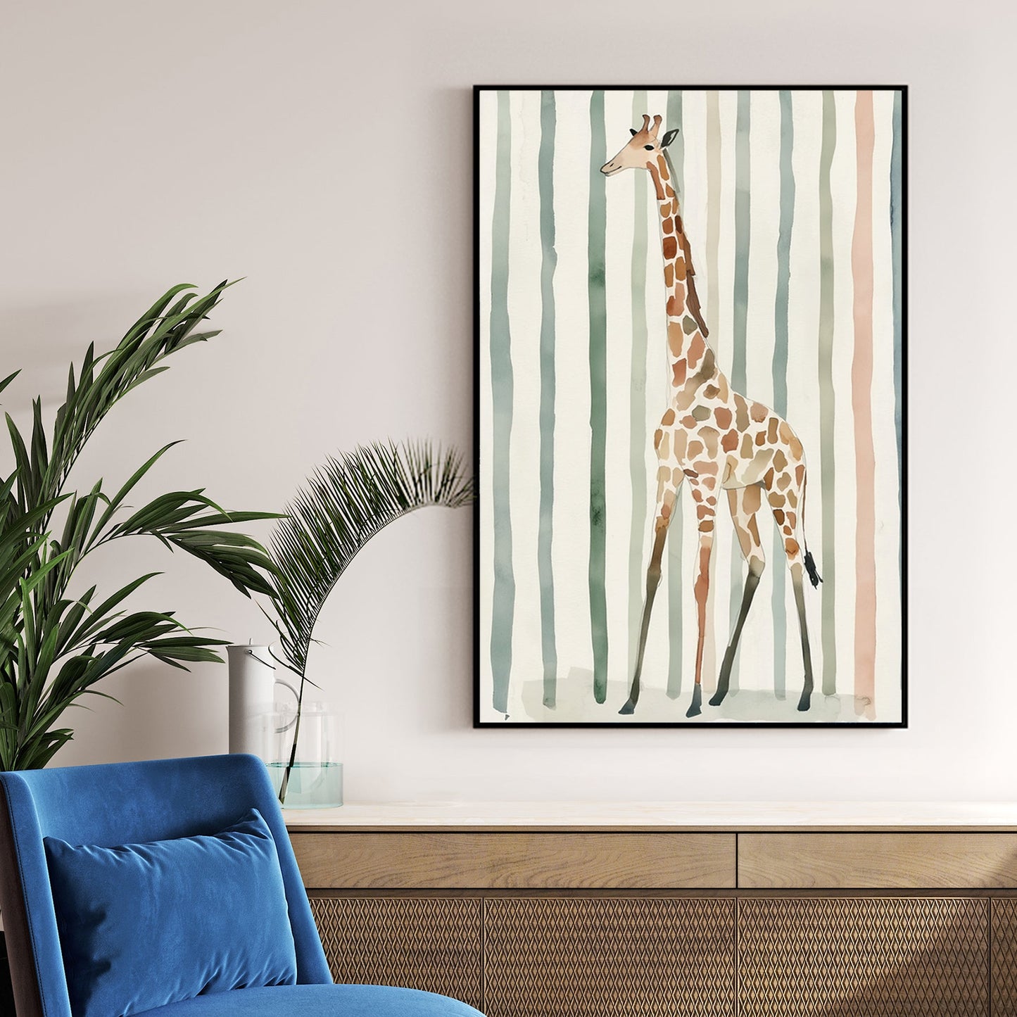 giraffe nursery wall art with watercolour stripes