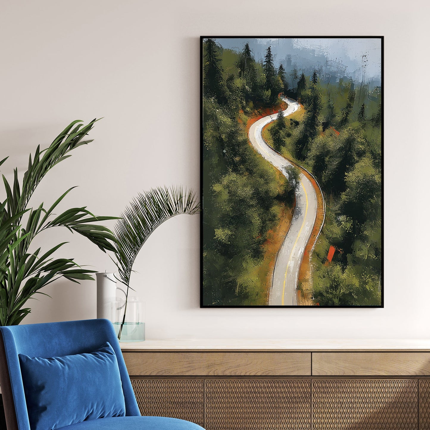 winding road in forest wall art painting